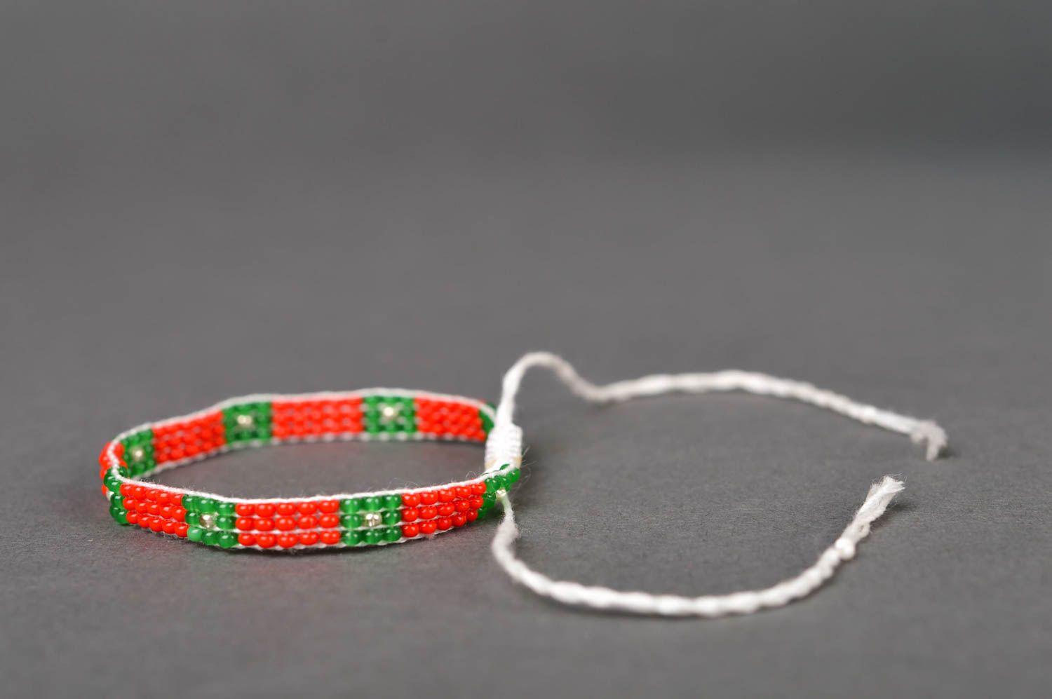 Handmade thin beaded strand bracelet made of red and green beads photo 5