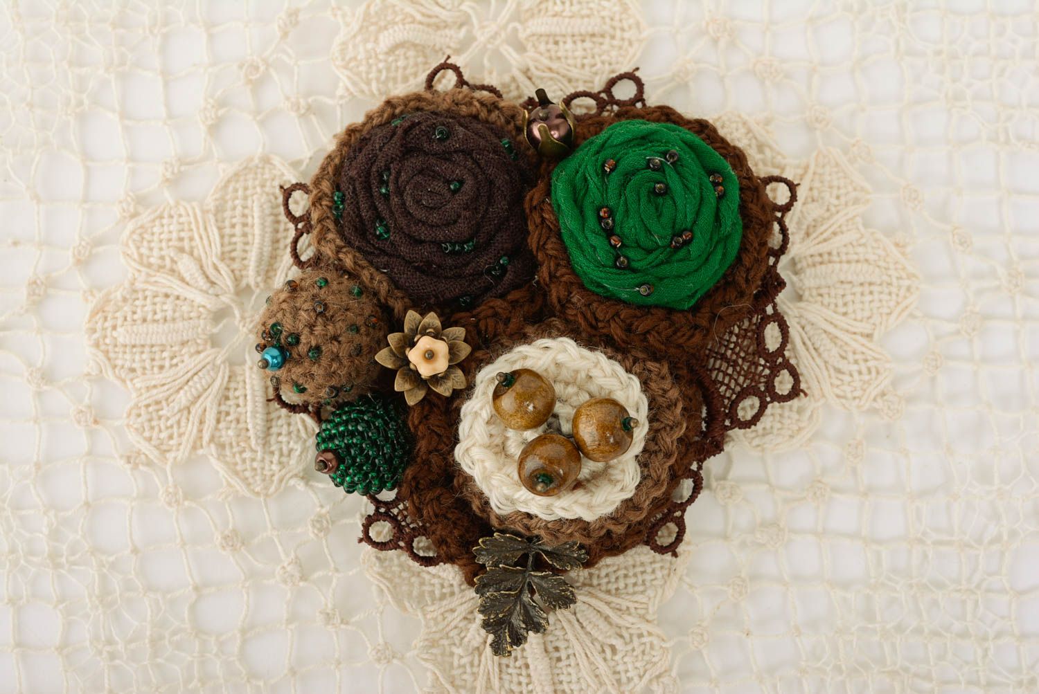 Handmade designer crochet brooch in brown and green colors with wooden beads photo 5