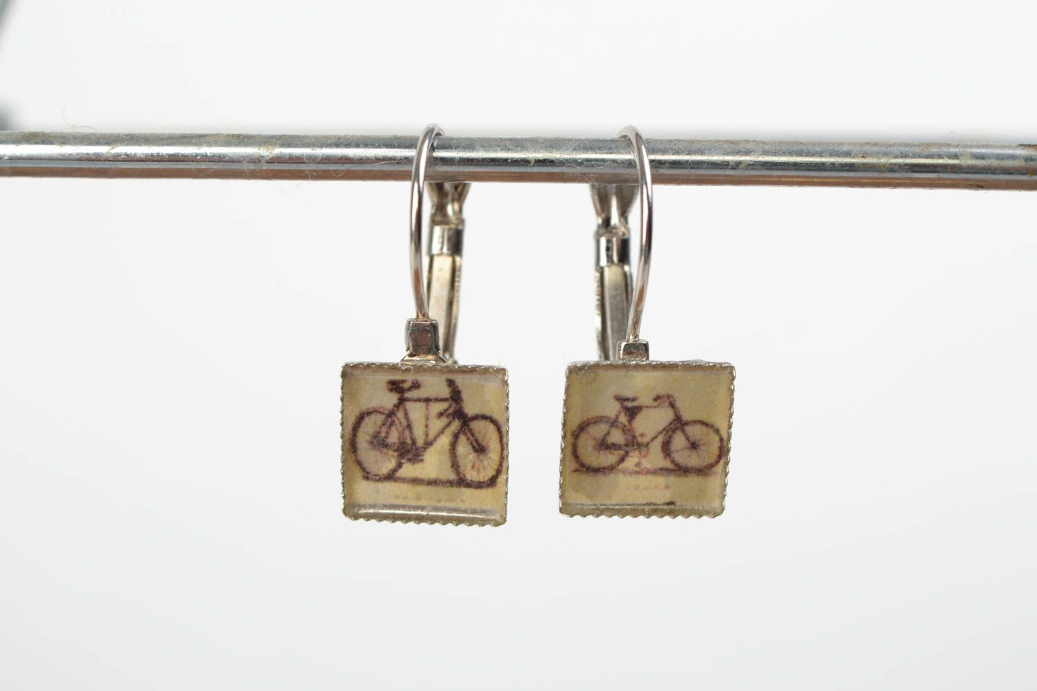 Handmade decoupage jewelry resin earrings with print Bicycles photo 2