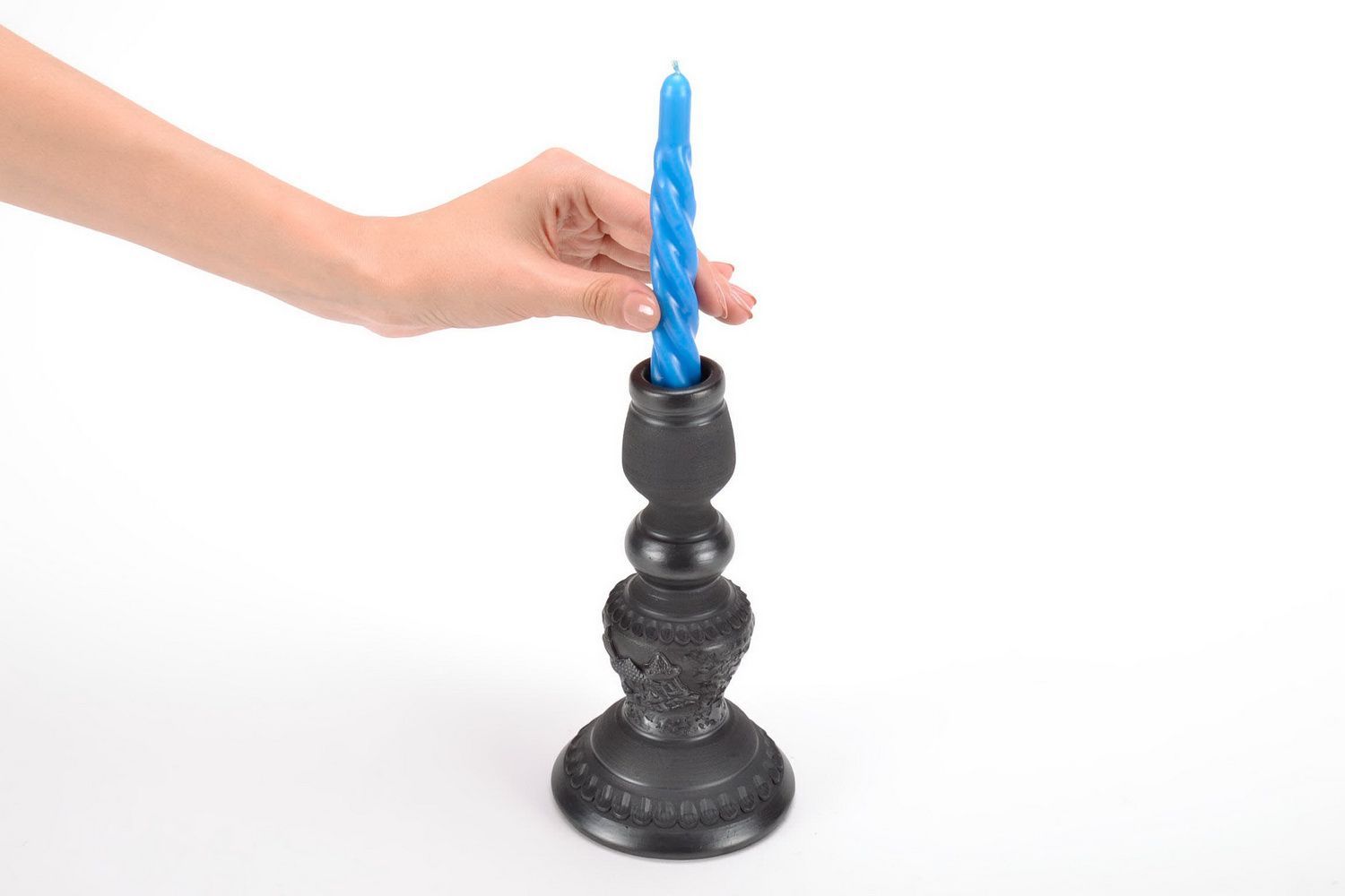 Candlestick, stand for candle made from black smoke ceramics photo 5