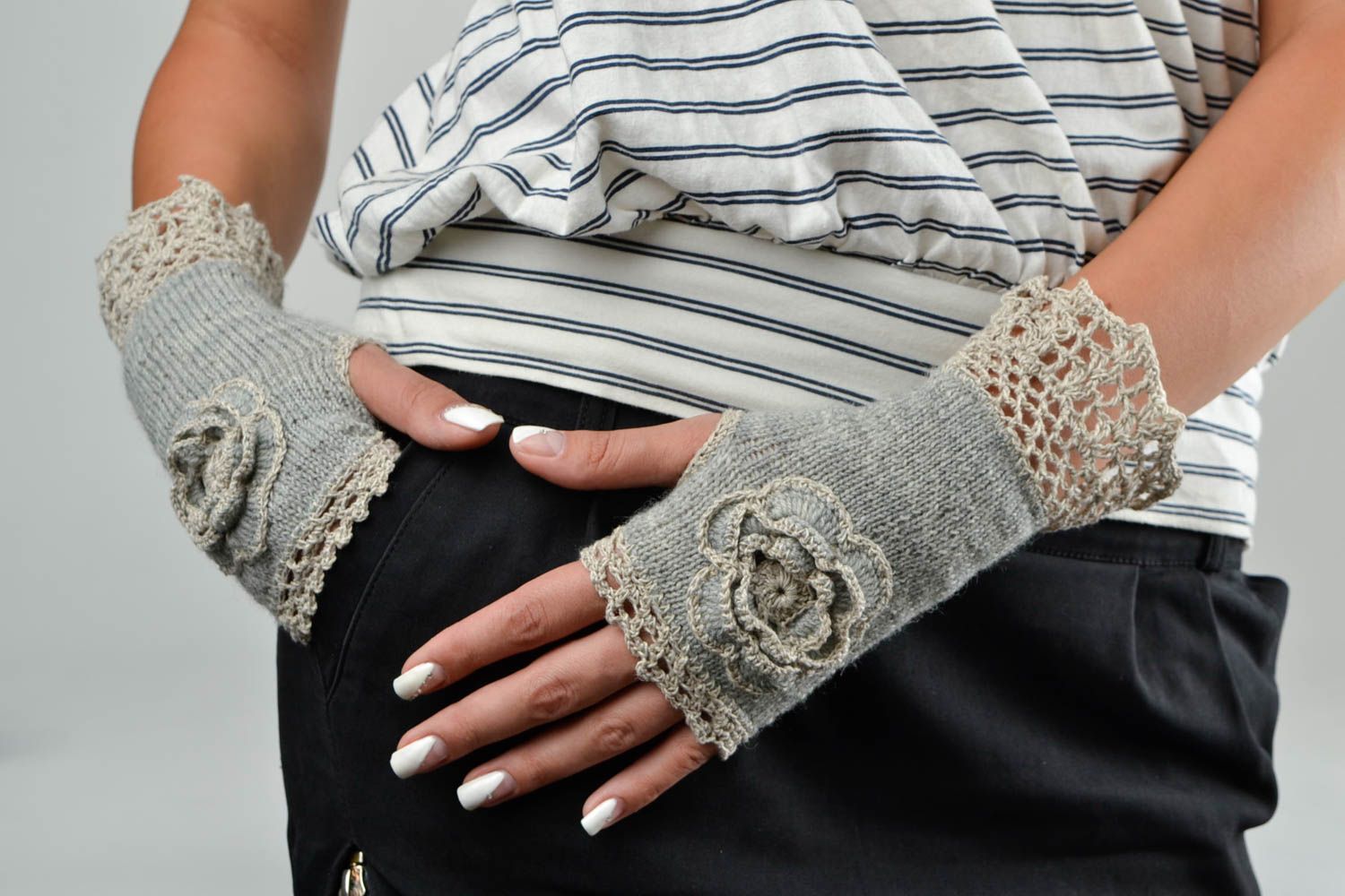 Mitaines tricot fait main Gants mitaines laine lin gris Accessoire femme photo 1