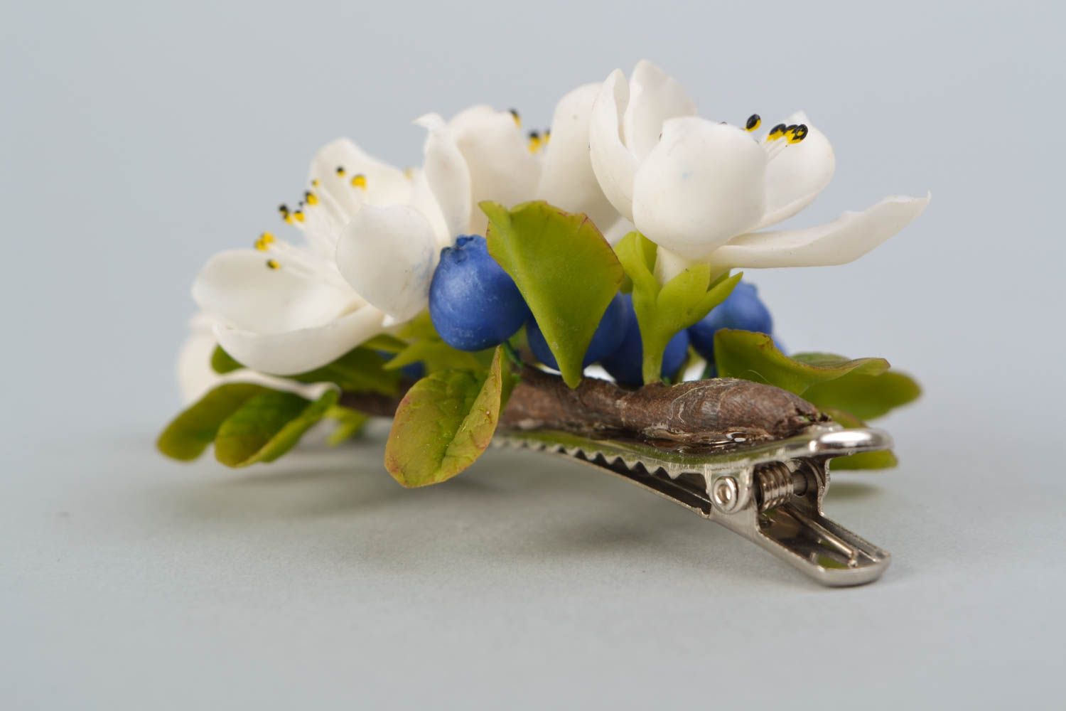Hair clip made of self-hardening Thai clay Apple bloom and Blueberry photo 4