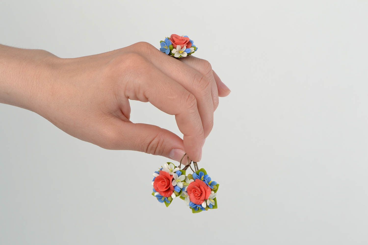 Porzellan Schmuck Set handmade Blumen Ohrringe und Ring Künstlerarbeit foto 1