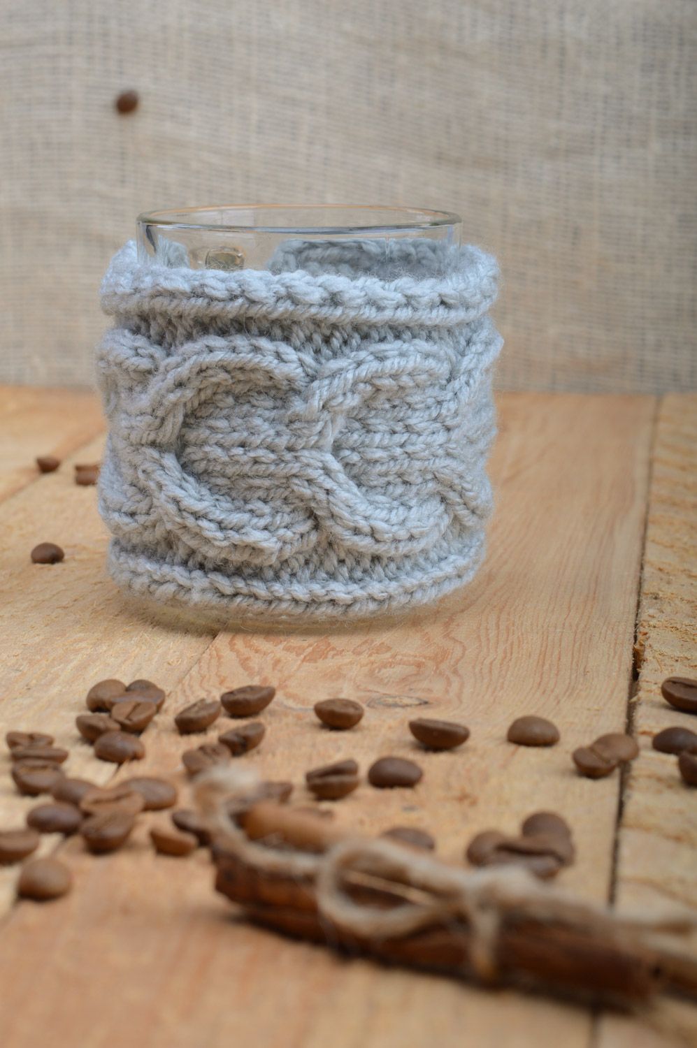 Handmade cup cozy knitted of gray woolen threads with button with floral print photo 1