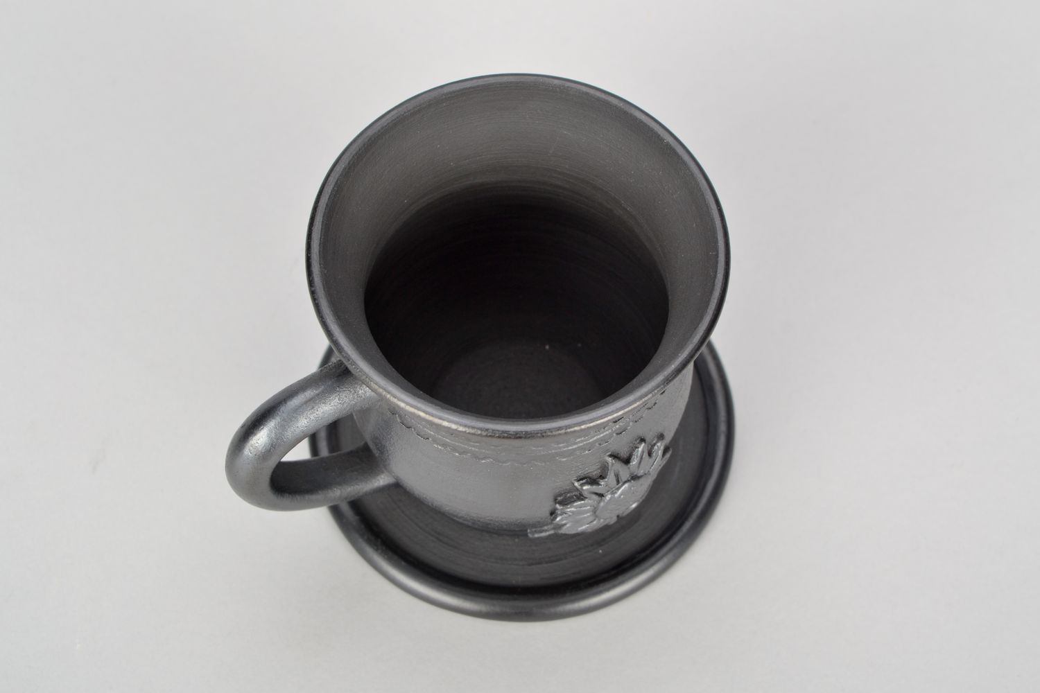 Black smoked 5 oz clay coffee cup with handle, saucer, and sunflower pattern photo 4