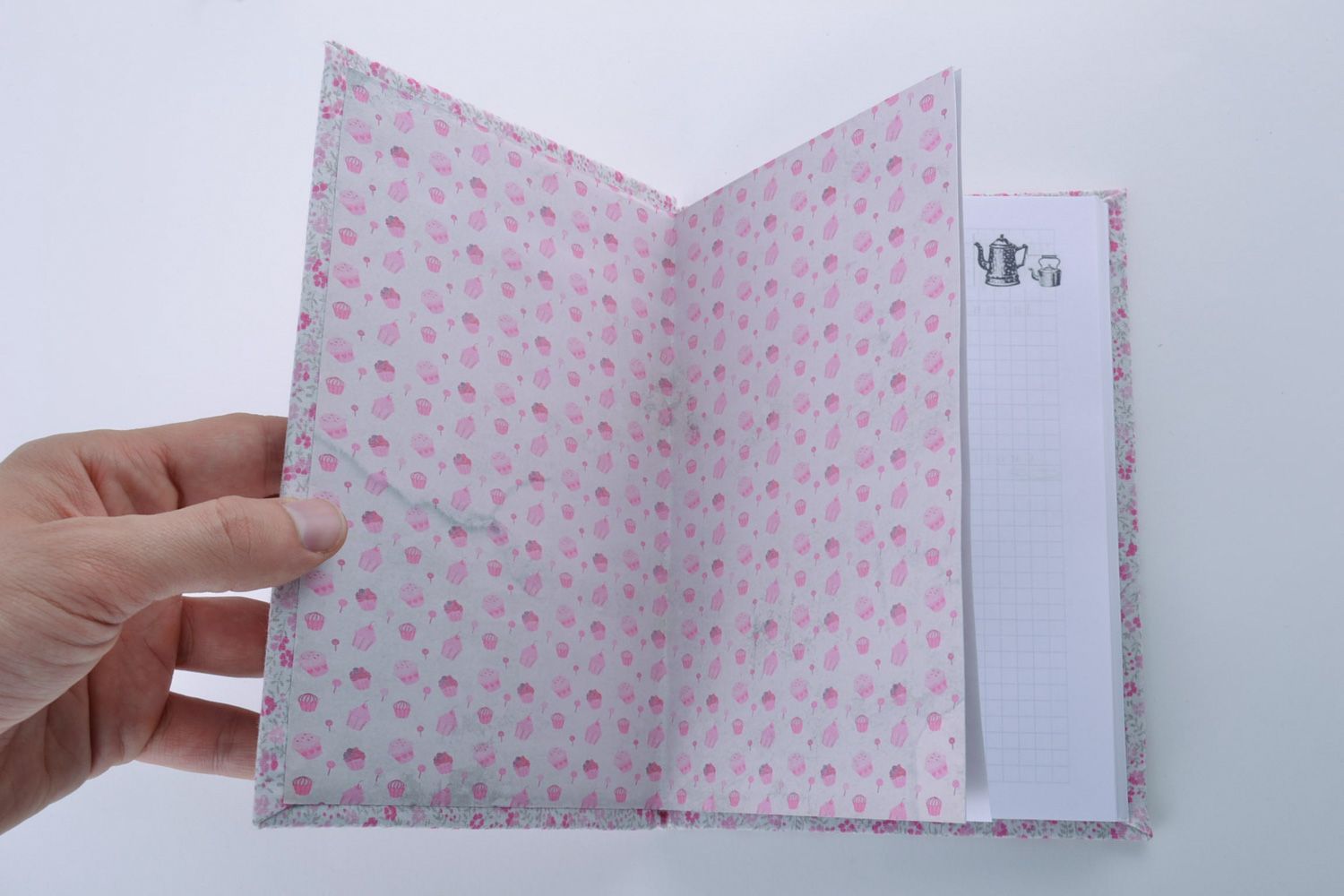 Beautiful handmade notebook with light fabric cover and cute image of cake photo 3