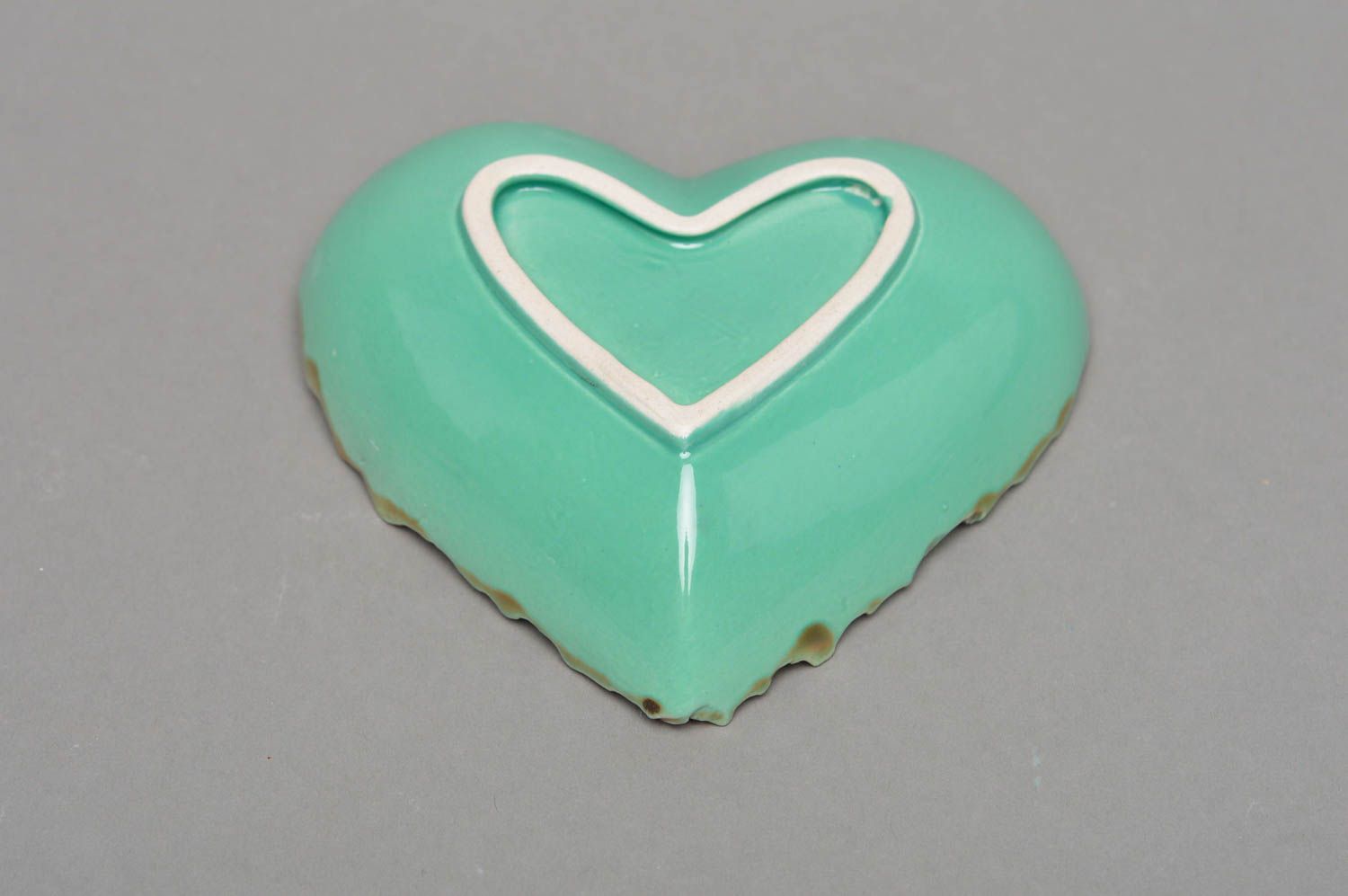 Small handmade decorative glazed heart-shaped bowl  turquoise brown and white photo 3