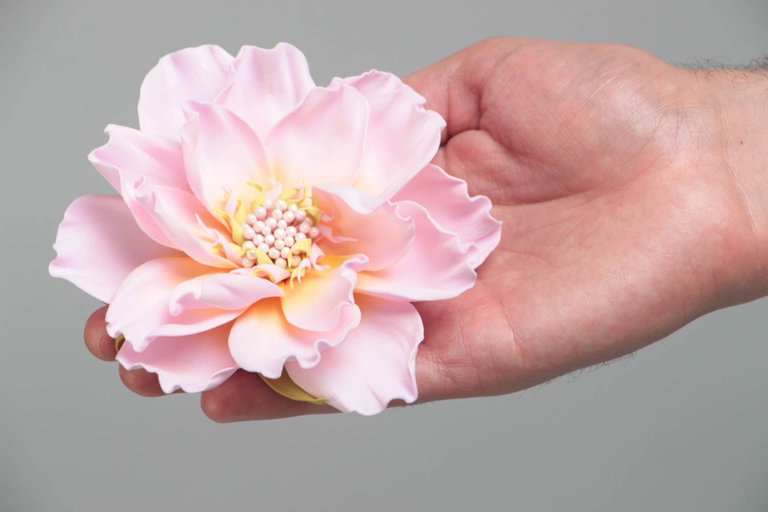 Handmade designer brooch hair clip with tender pink volume foamiran flower photo 5