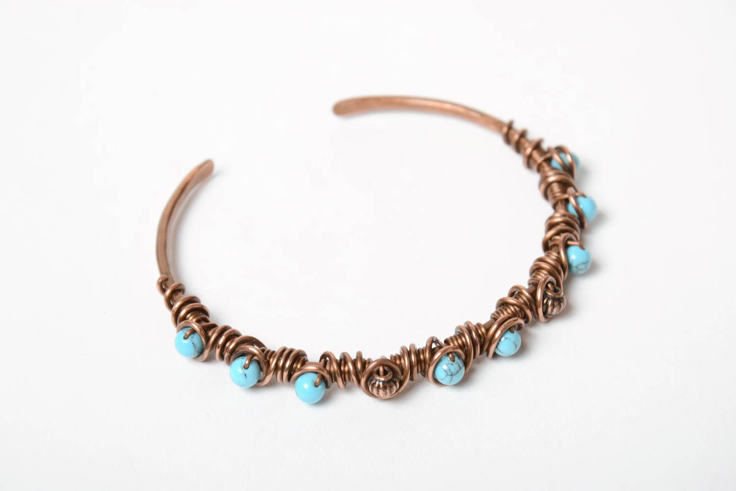 Thin handmade designer wire wrap copper wrist bracelet with turquoise beads photo 2