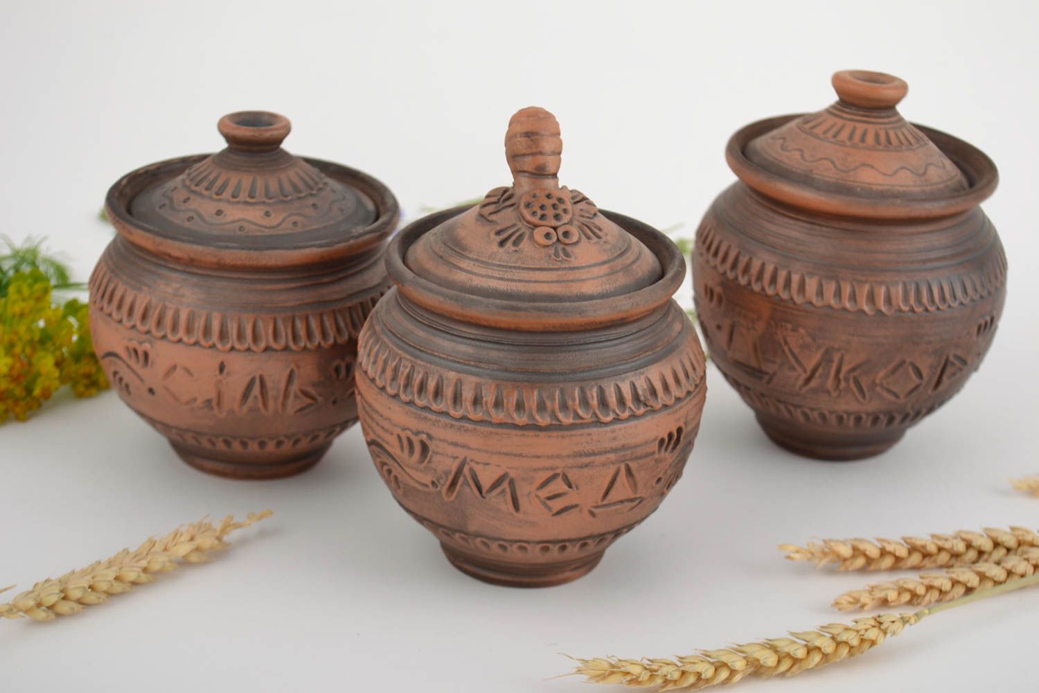 Beautiful handmade clay pots set 200 ml each sugar bowl honey pot and salt pot photo 1