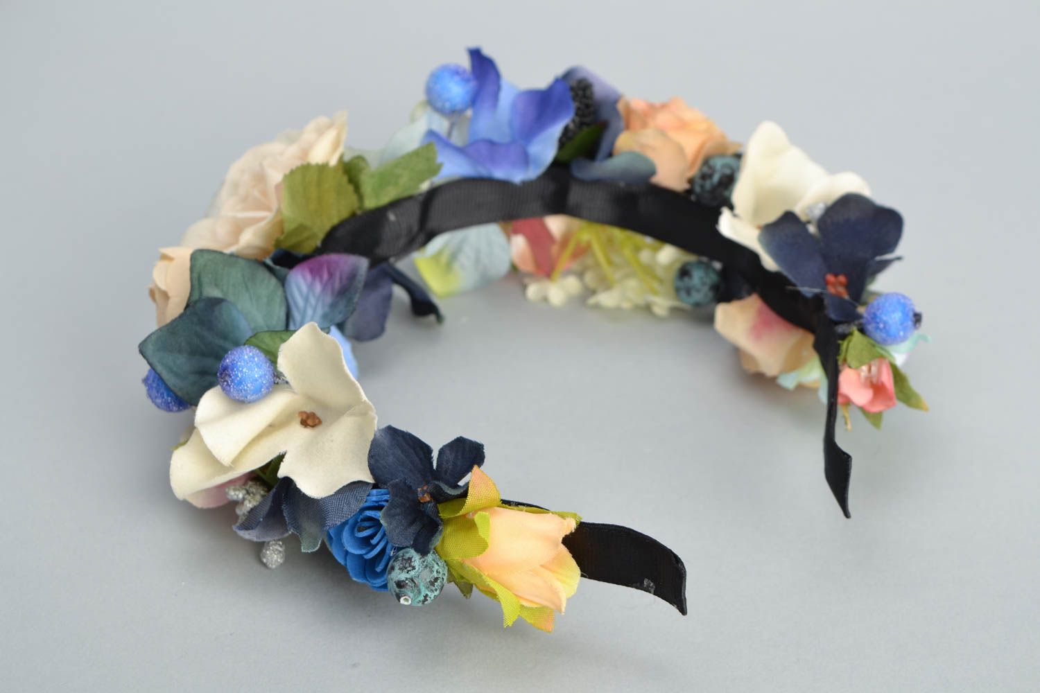 Unusual headband with artificial flowers and berries Blackberry Bouquet photo 5