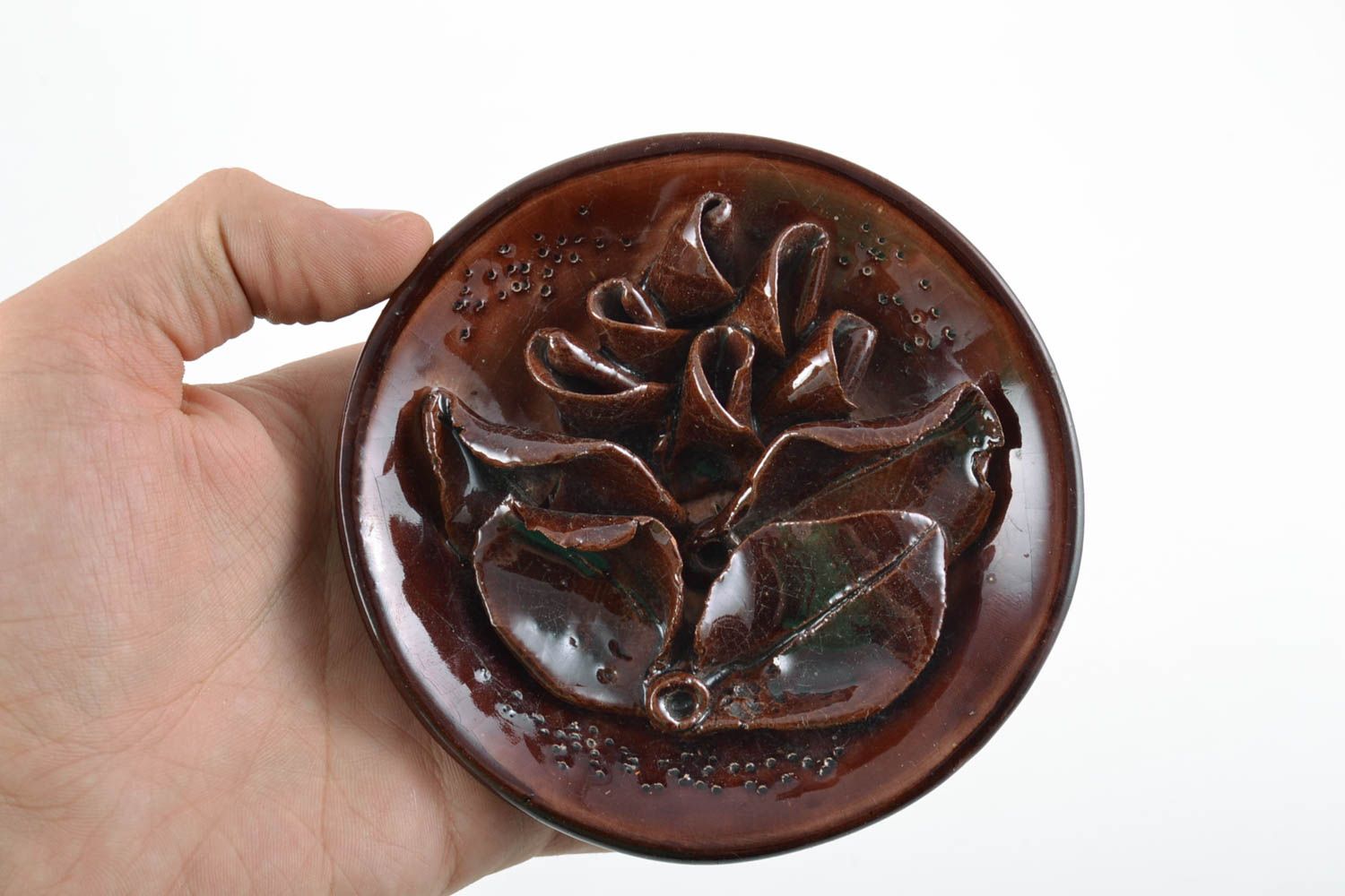 Kleiner handgemachter brauner schöner Deko Teller aus Keramik für Haus Dekor foto 2