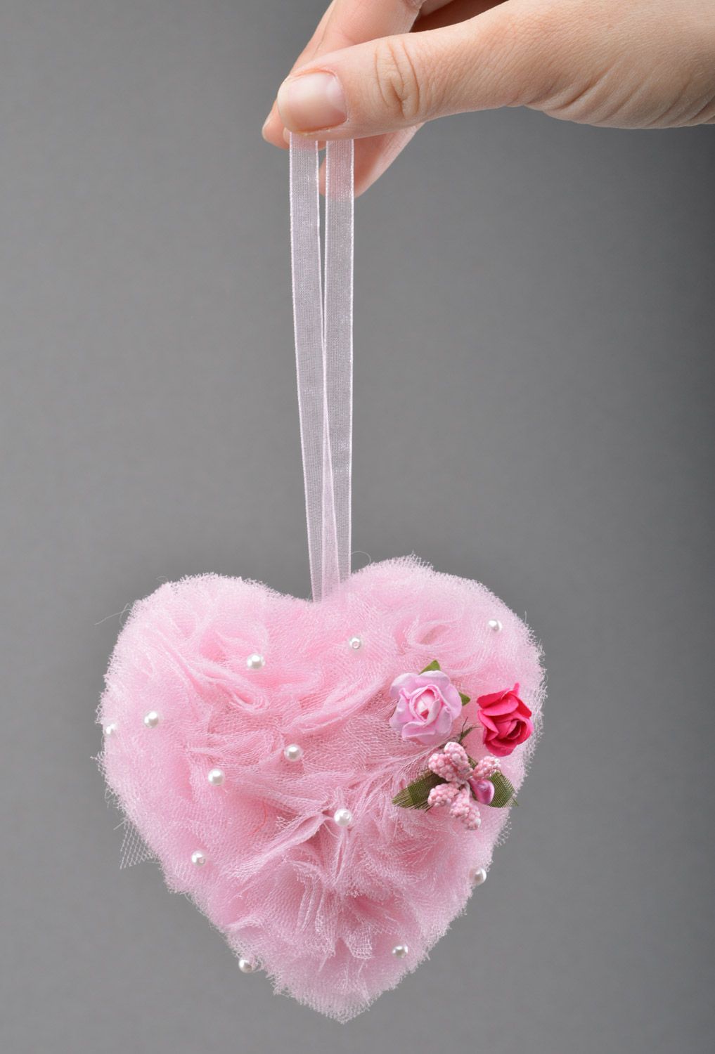 Handmade interior wall hanging heart-shaped decoration with pink tulle and beads photo 1