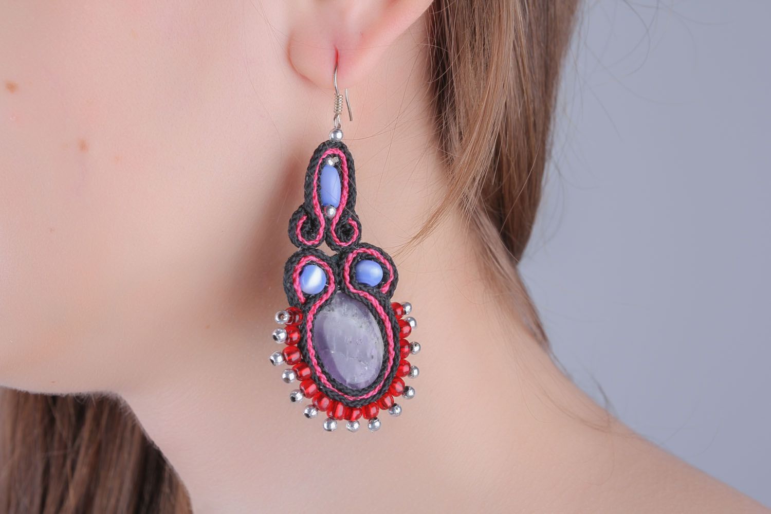 Soutache earrings with natural stones photo 3