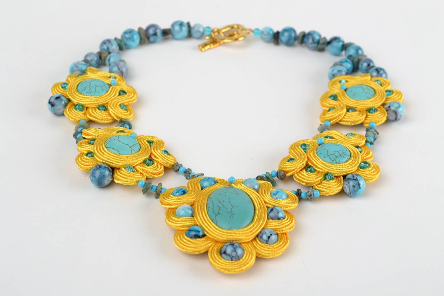 Bright massive handmade designer soutache necklace with natural stone photo 3
