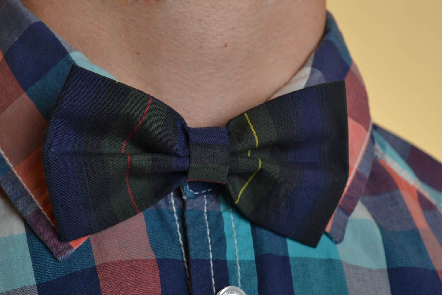 Unusual beautiful handmade designer striped fabric bow tie of dark color photo 1