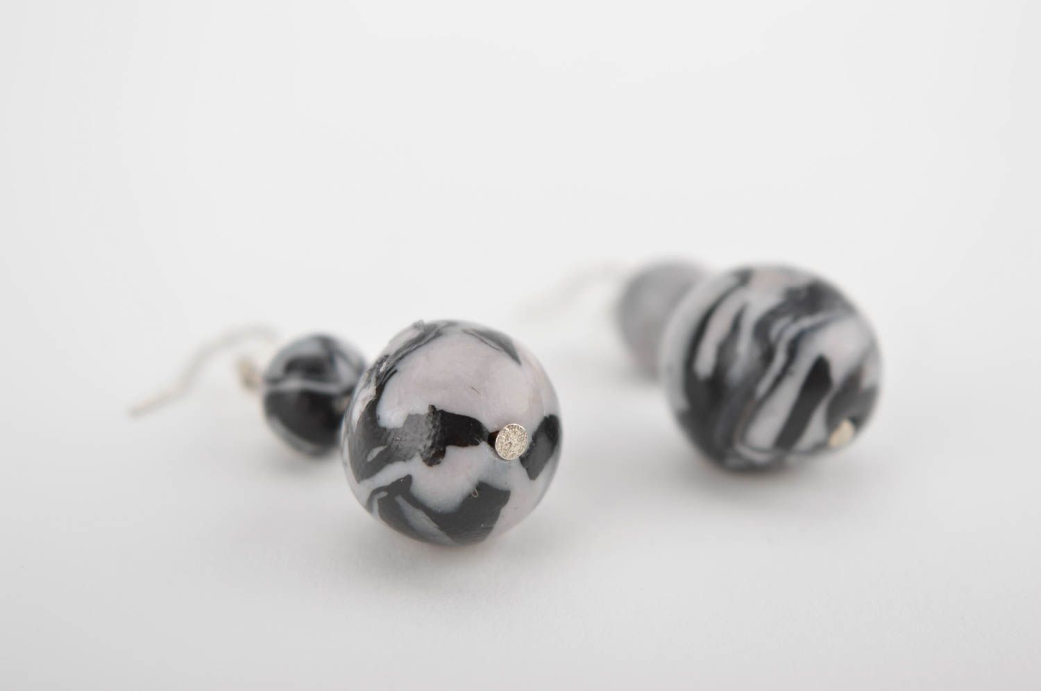 Gray handmade plastic earrings dangle bead earrings artisan jewelry for her photo 4