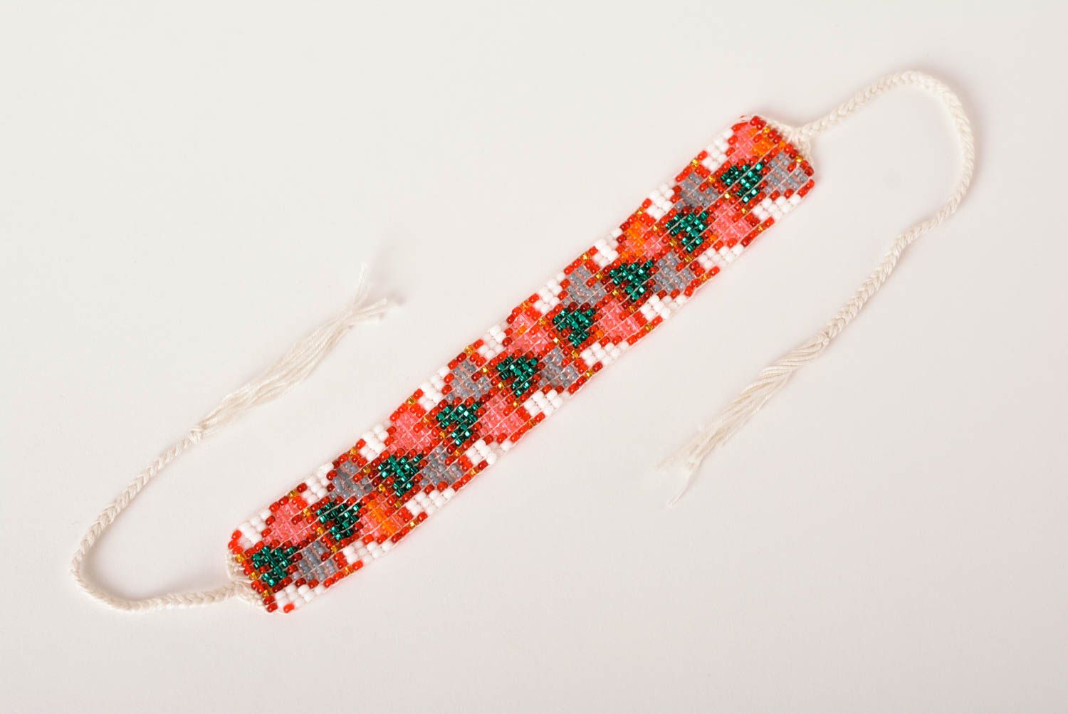 Wide handmade red and green beads bracelet in white on the white cord and ethnic style photo 5