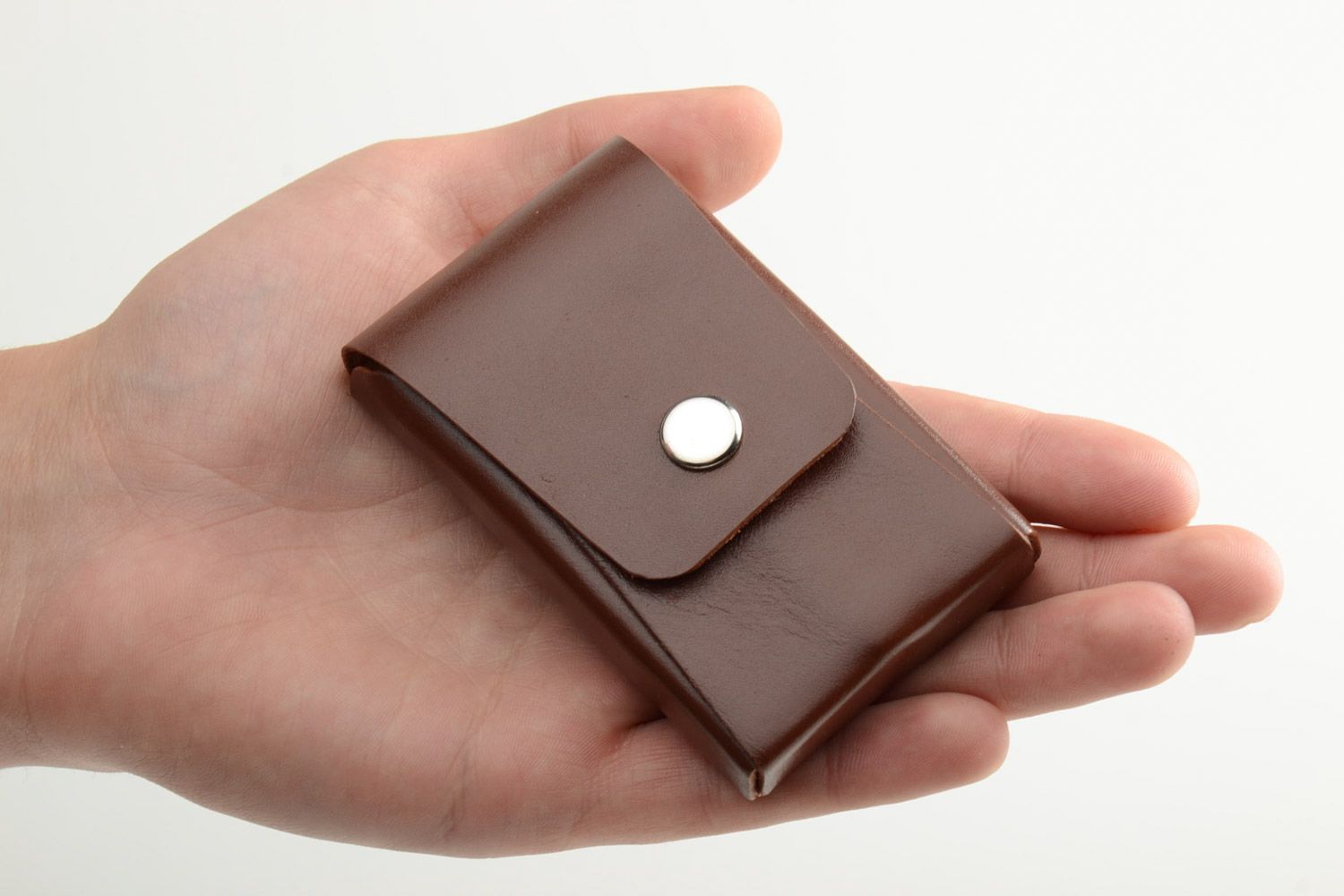 Handmade stylish genuine leather business cards holder of brown color for men photo 5