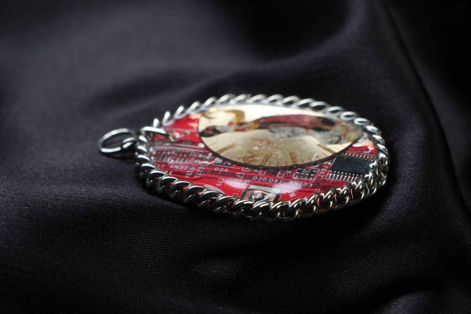 Red cyberpunk pendant with microchips photo 2