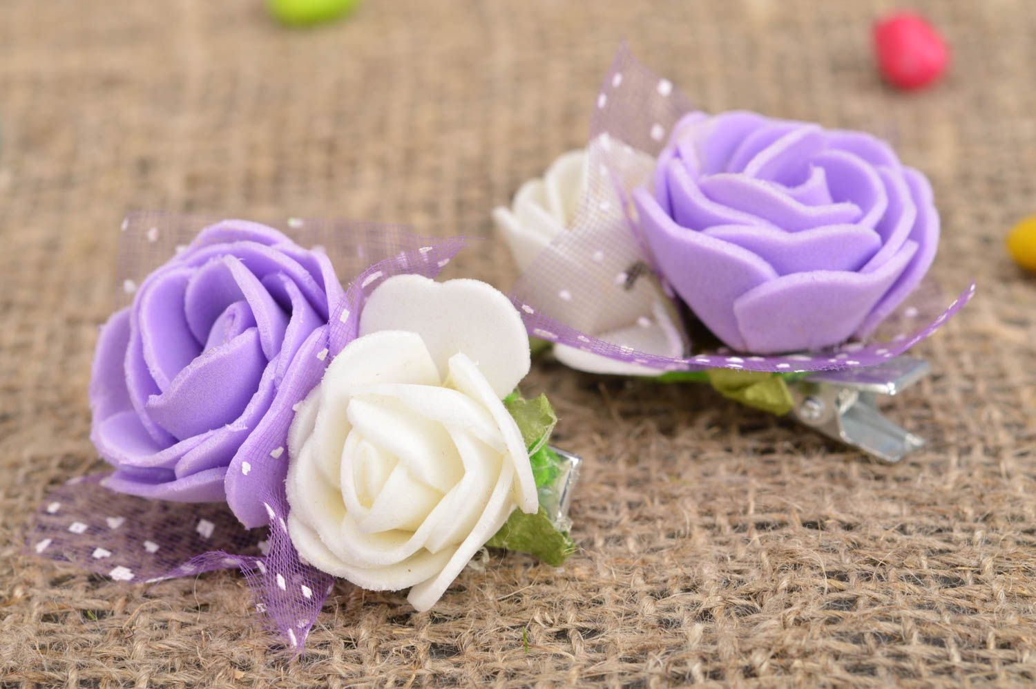 Blumen Haarspangen aus Stoff Set 2 Stück lila weiß für Kinder originell  foto 1