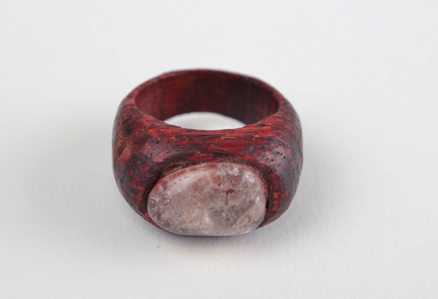 Handmade designer carved wooden red jewelry ring with natural stone for women photo 3