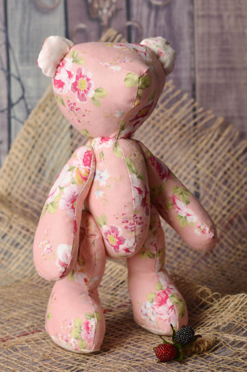 Jouet fait main Peluche ourson en tissu de coton rose motif floral Cadeau enfant photo 1