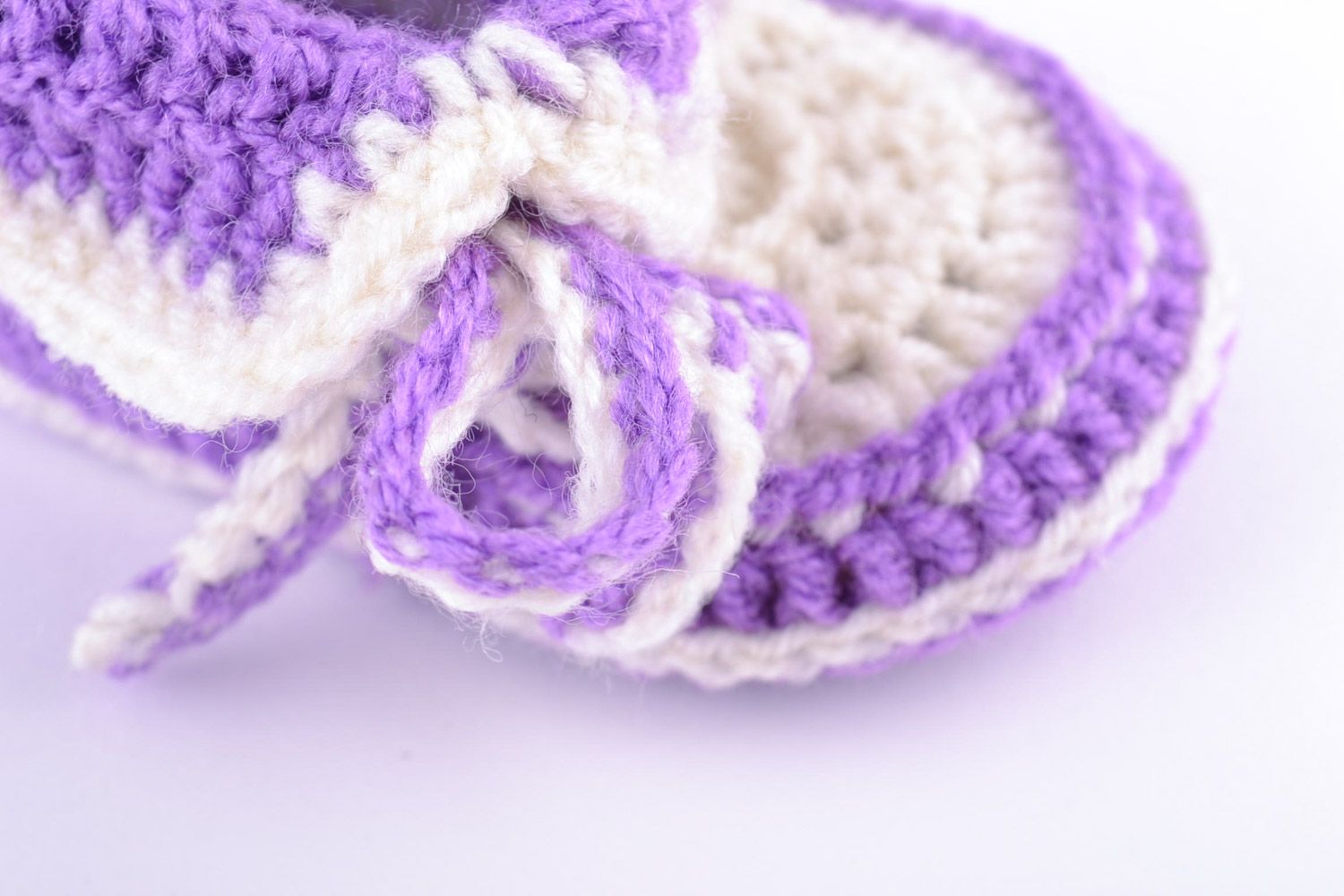 Violet and white handmade baby booties crocheted of wool and cotton for girl photo 3