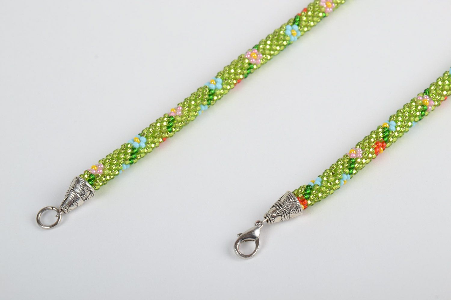 Beautiful bright women's handmade beaded cord necklace of lime color photo 3
