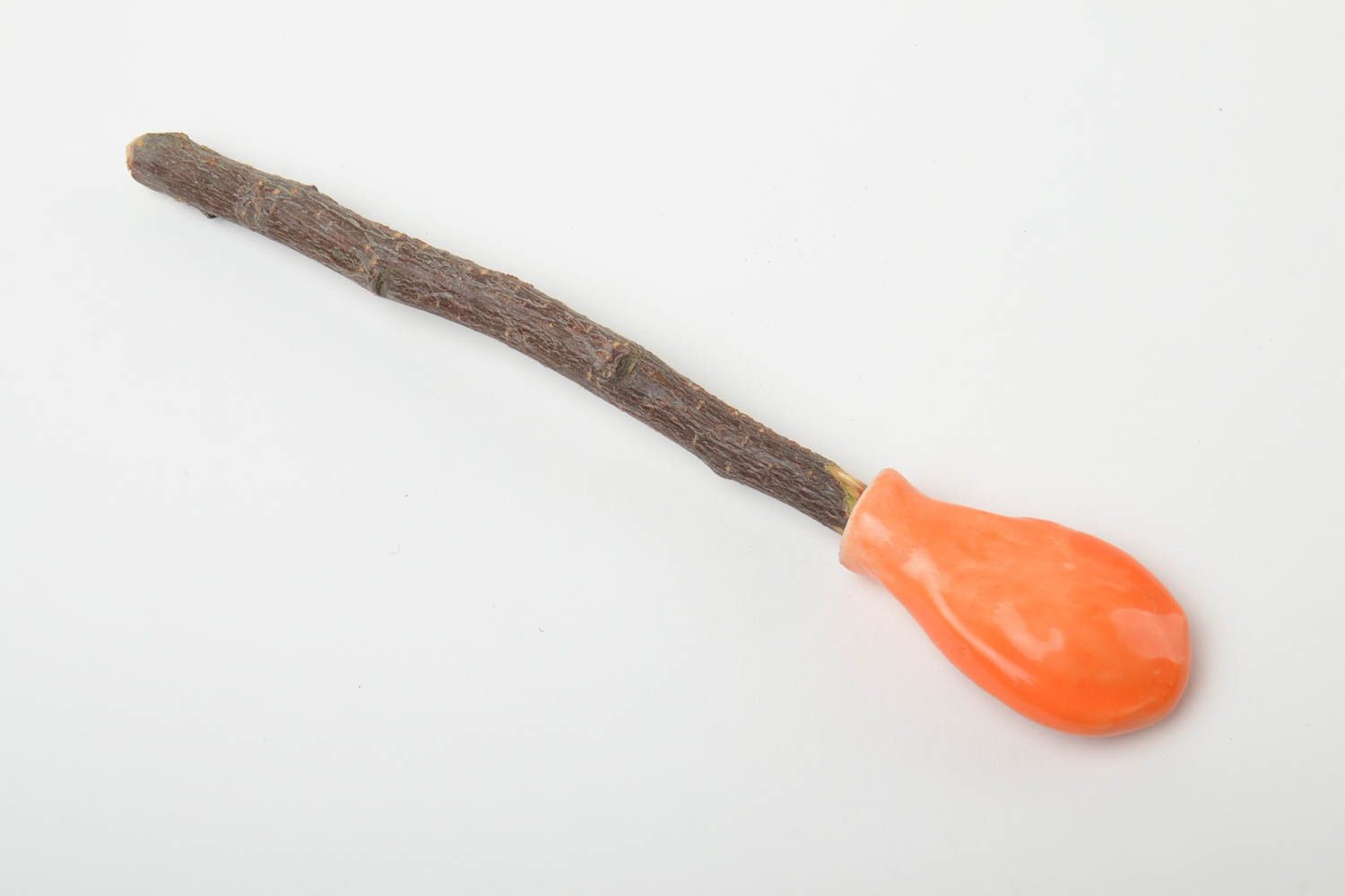 Handmade designer orange clay spoon with apricot wood handle  photo 4