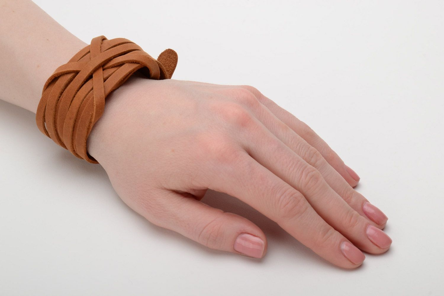 Handmade brown woven genuine leather wide bracelet  photo 2