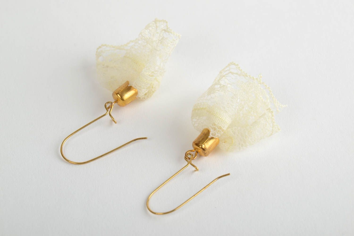 Handmade light festive lace dangling earrings with golden colored ear wires photo 2