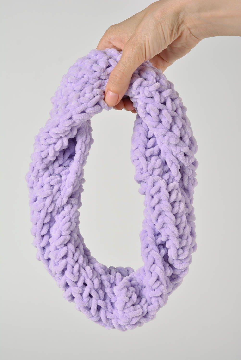 Beautiful handmade children's warm crochet collar scarf of lilac color photo 3