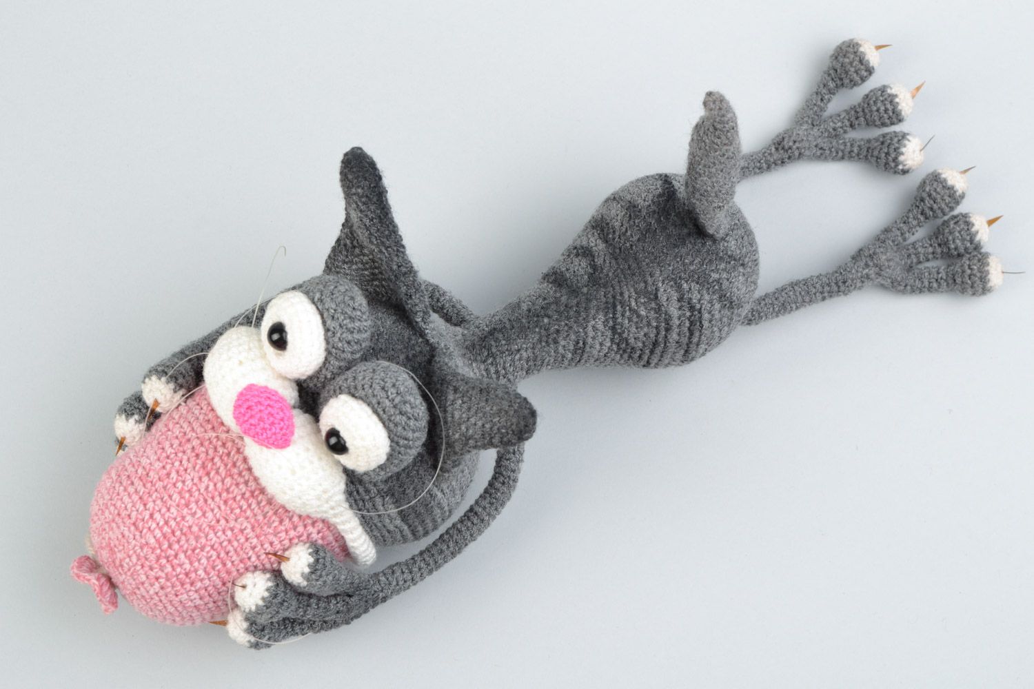 Handmade crocheted soft toy funny grey cat with sausage for children photo 3