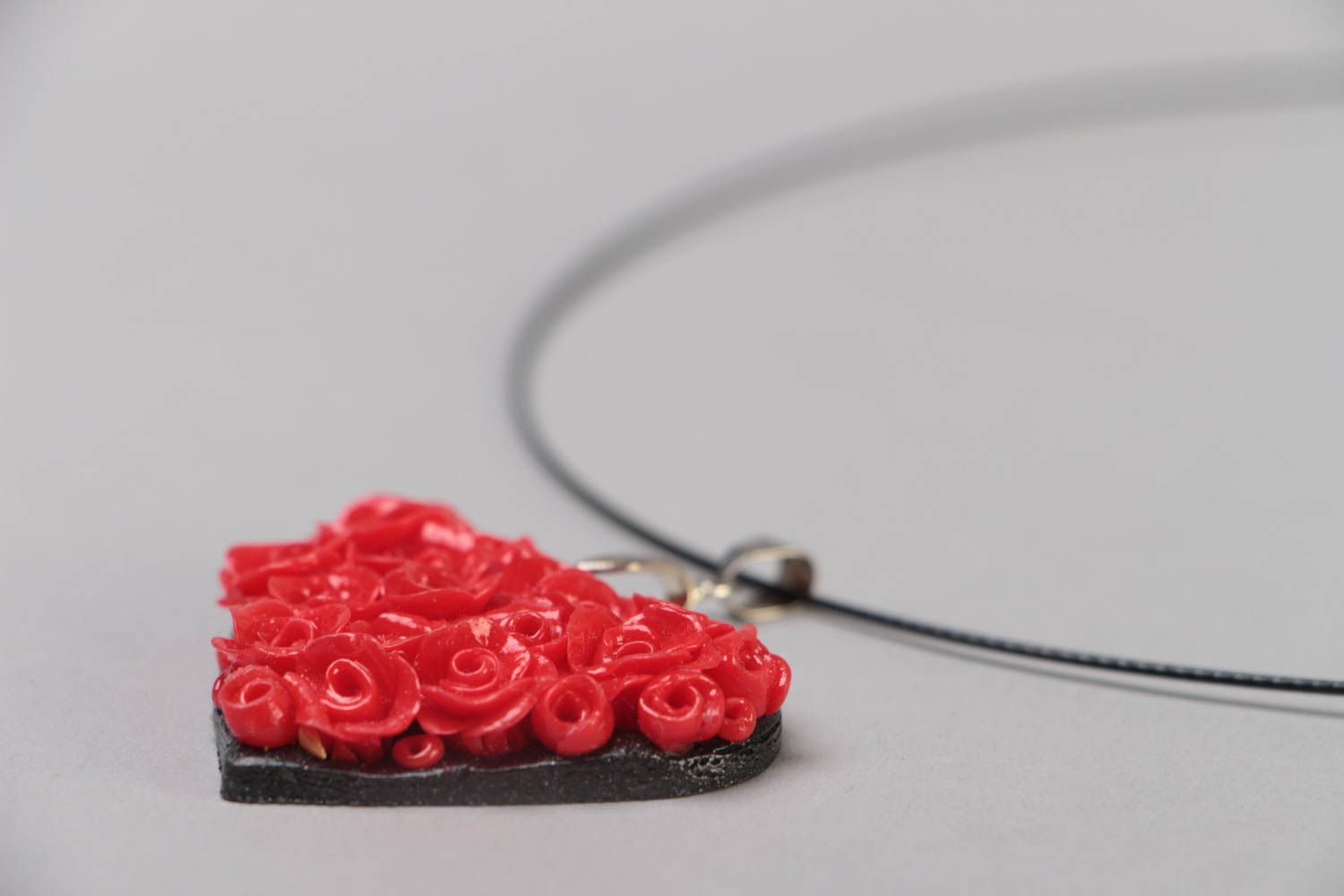 Handmade designer polymer clay heart shaped floral pendant necklace of red color photo 4
