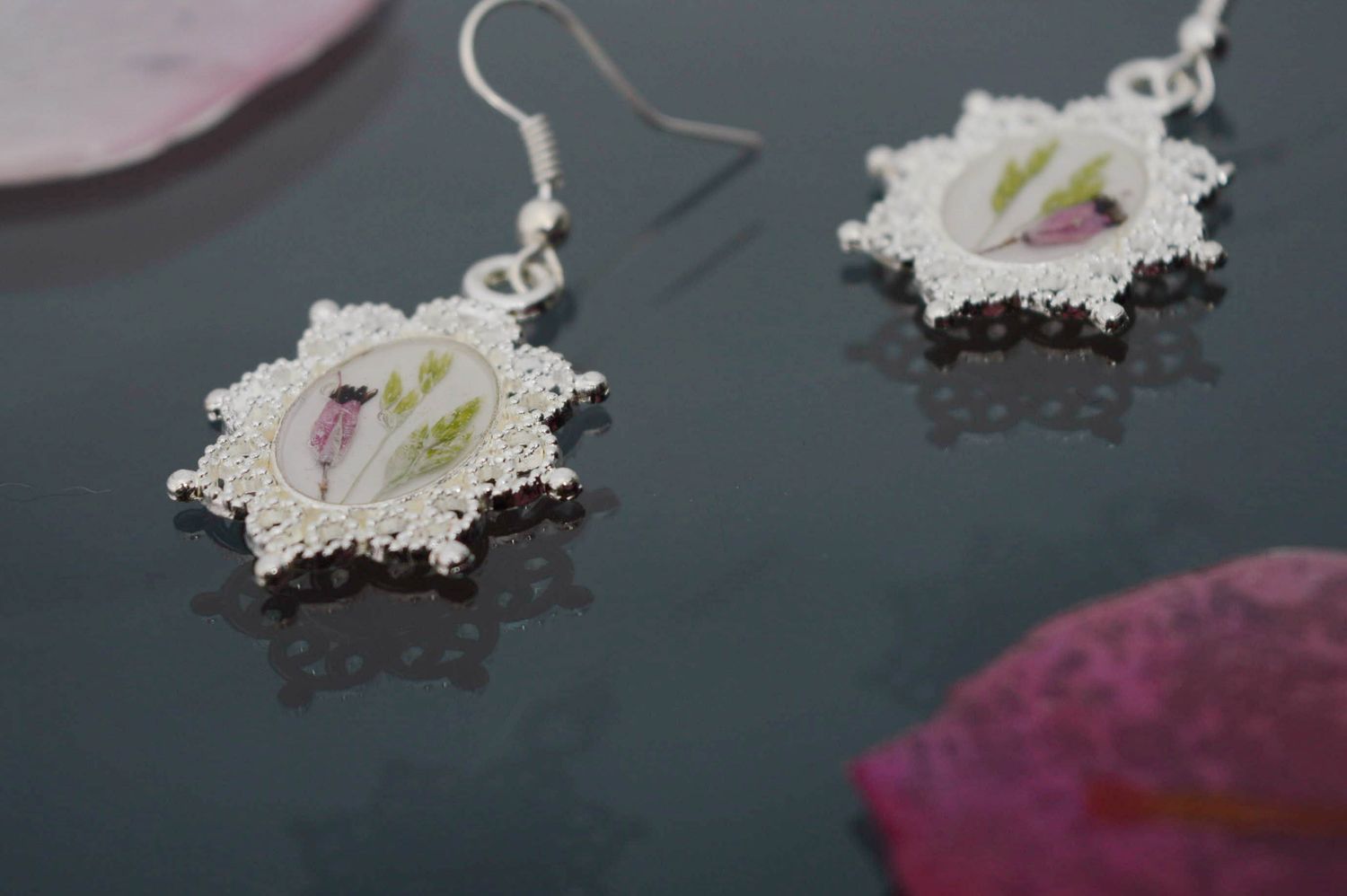Long earrings with natural verbena flowers photo 3