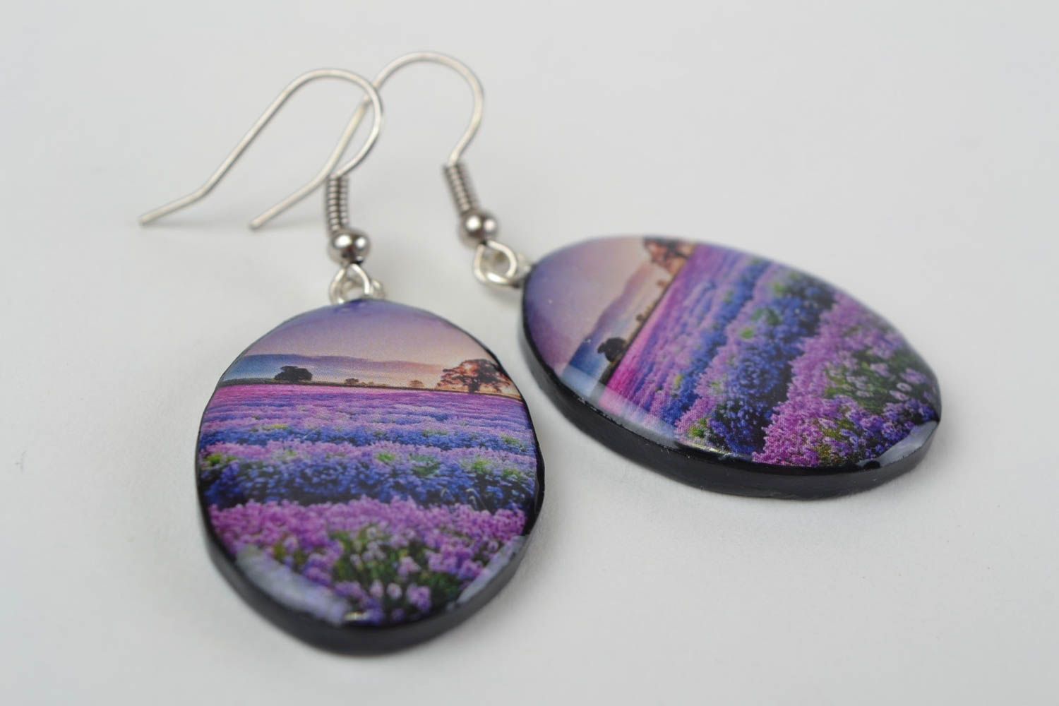 Stylish handmade designer polymer clay oval earrings with decoupage Landscape photo 4