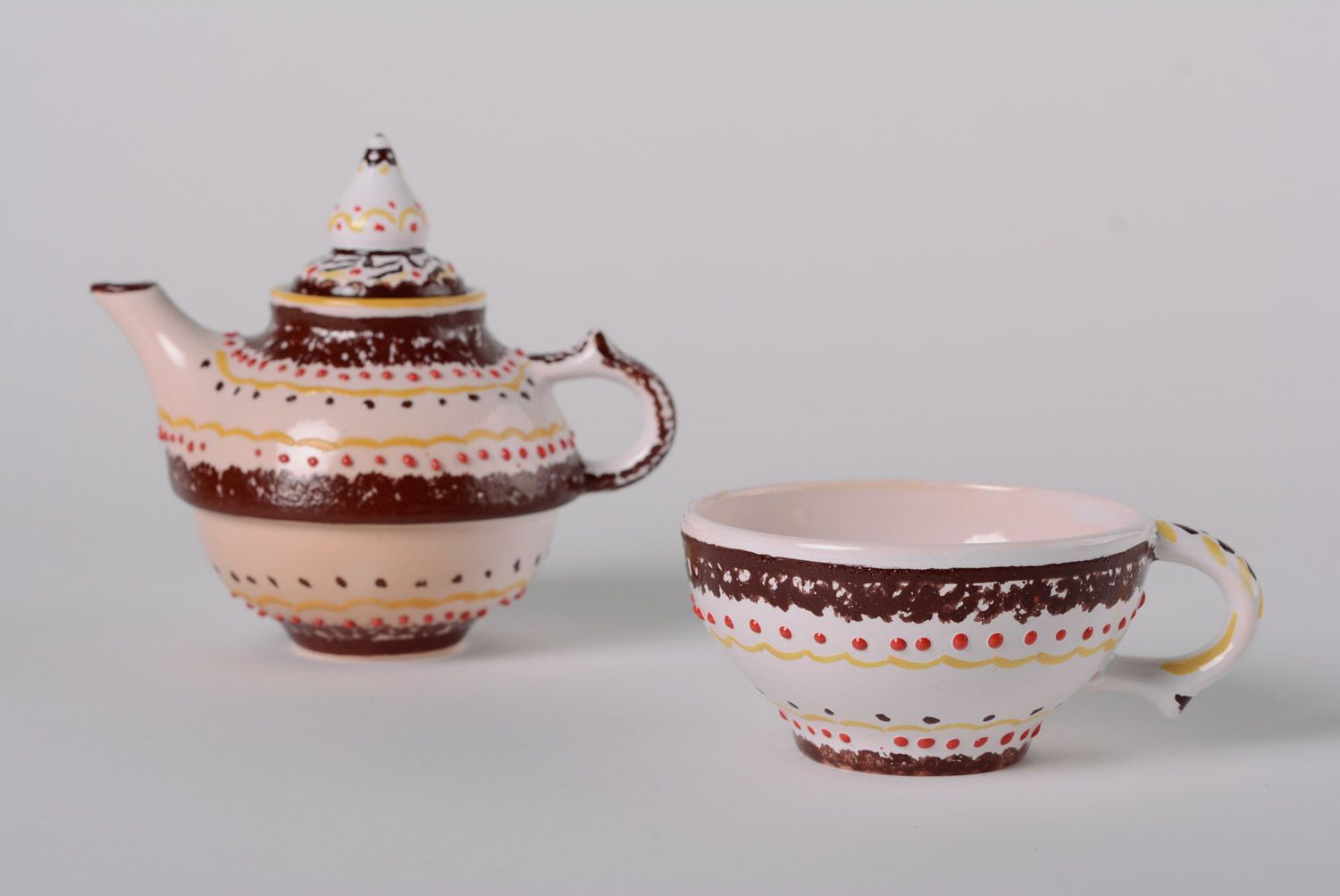 Handmade decorative glazed ornamented ceramic tea set for one teapot and cup photo 2