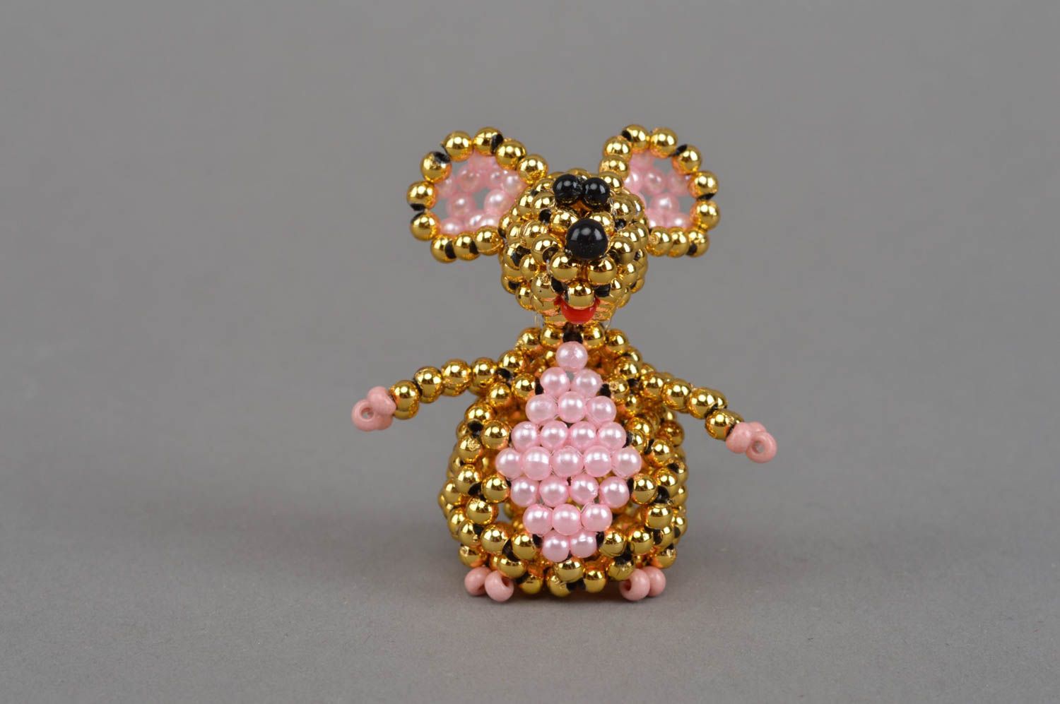 Handmade miniature collectible bead woven animal figurine of golden mouse photo 3