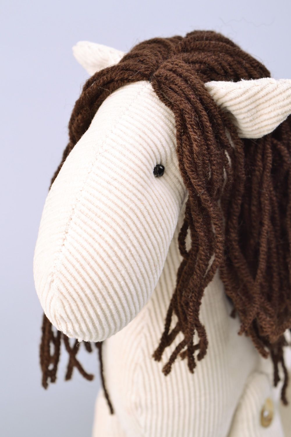 Handmade designer soft toy pony with brown mane sewn of white velvet for kids photo 3
