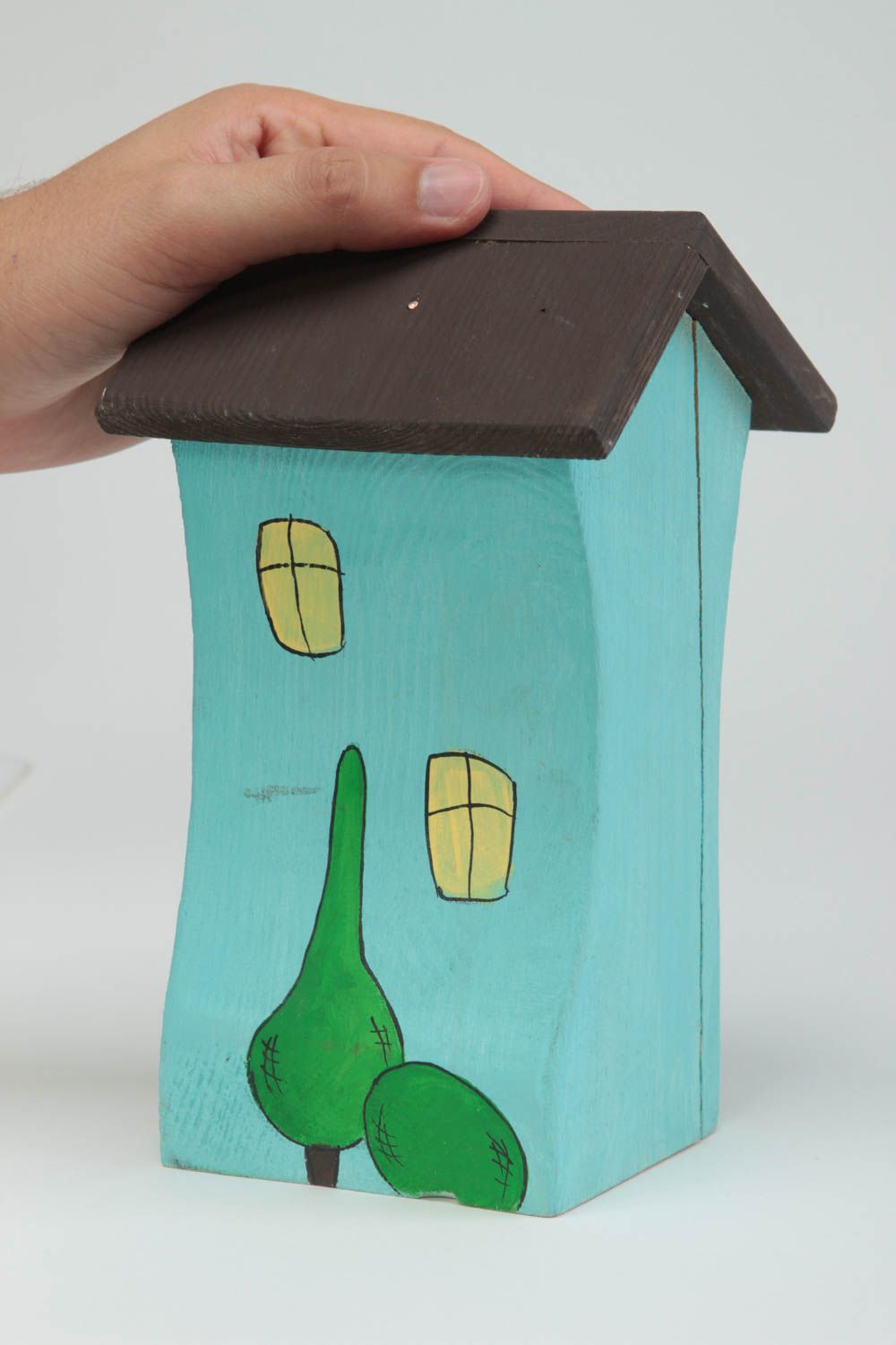 Maisonnette en bois fait main Petite statuette bleu clair design Déco intérieur photo 5