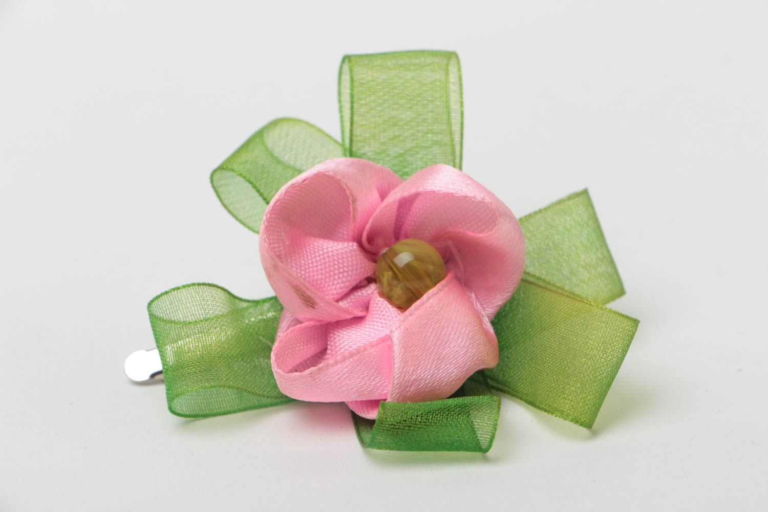 Hairpin made of satin ribbons pink flower handmade designer hair accessory photo 3