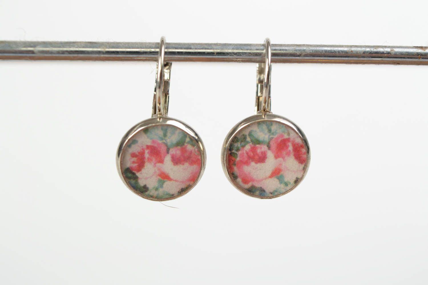 Handmade beautiful earrings with jewelry resin of round shape with decoupage  photo 2