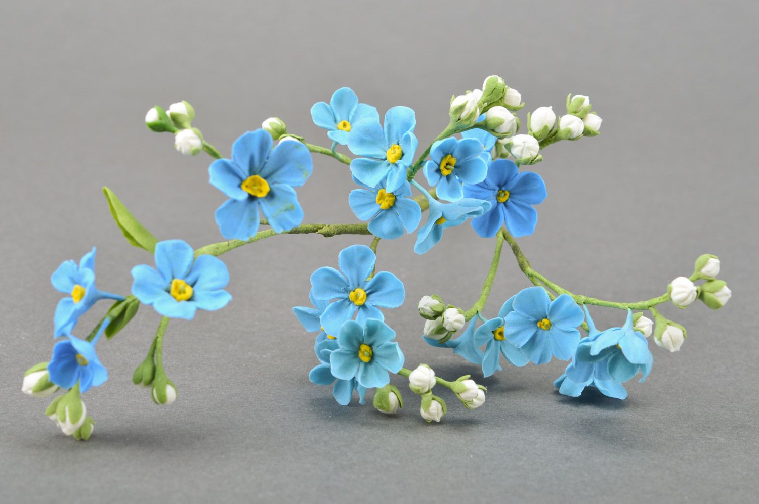 Handmade tender branch of decorative blue flowers molded of polymer clay photo 4