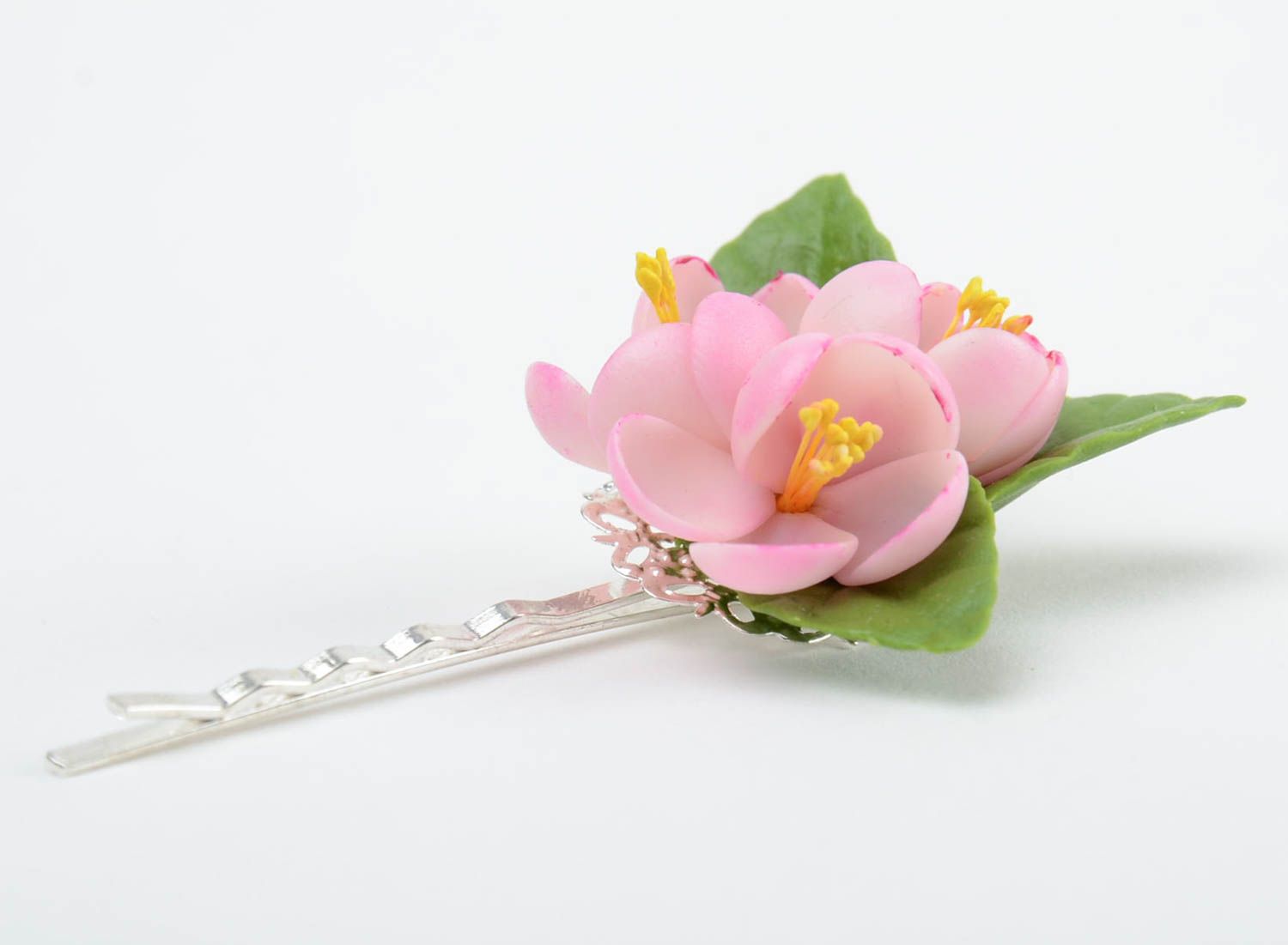 Handmade floral decorative metal hair pin with cold porcelain apple blossom  photo 4