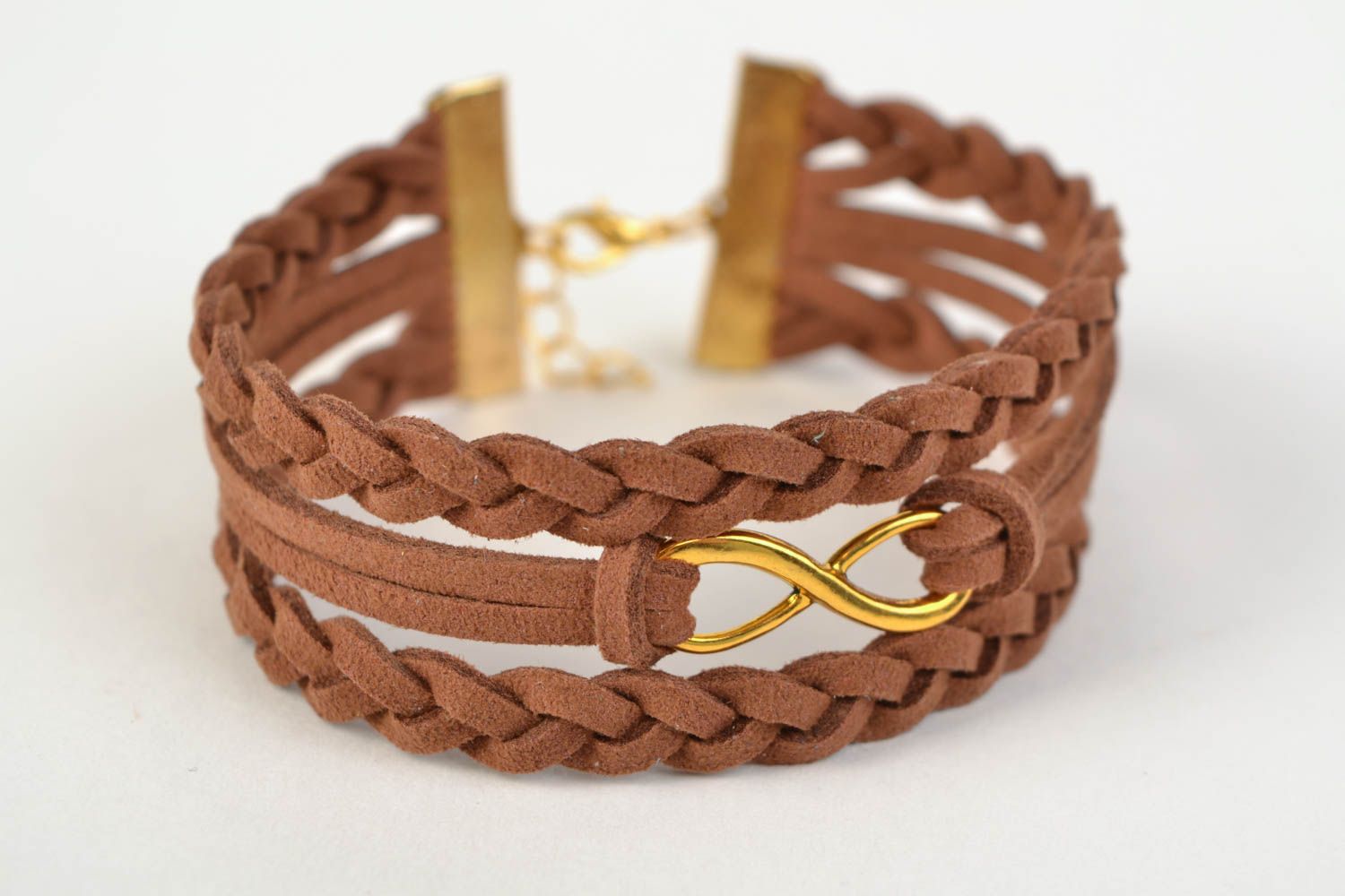Brown woven suede cord bracelet with metal charm handmade photo 3