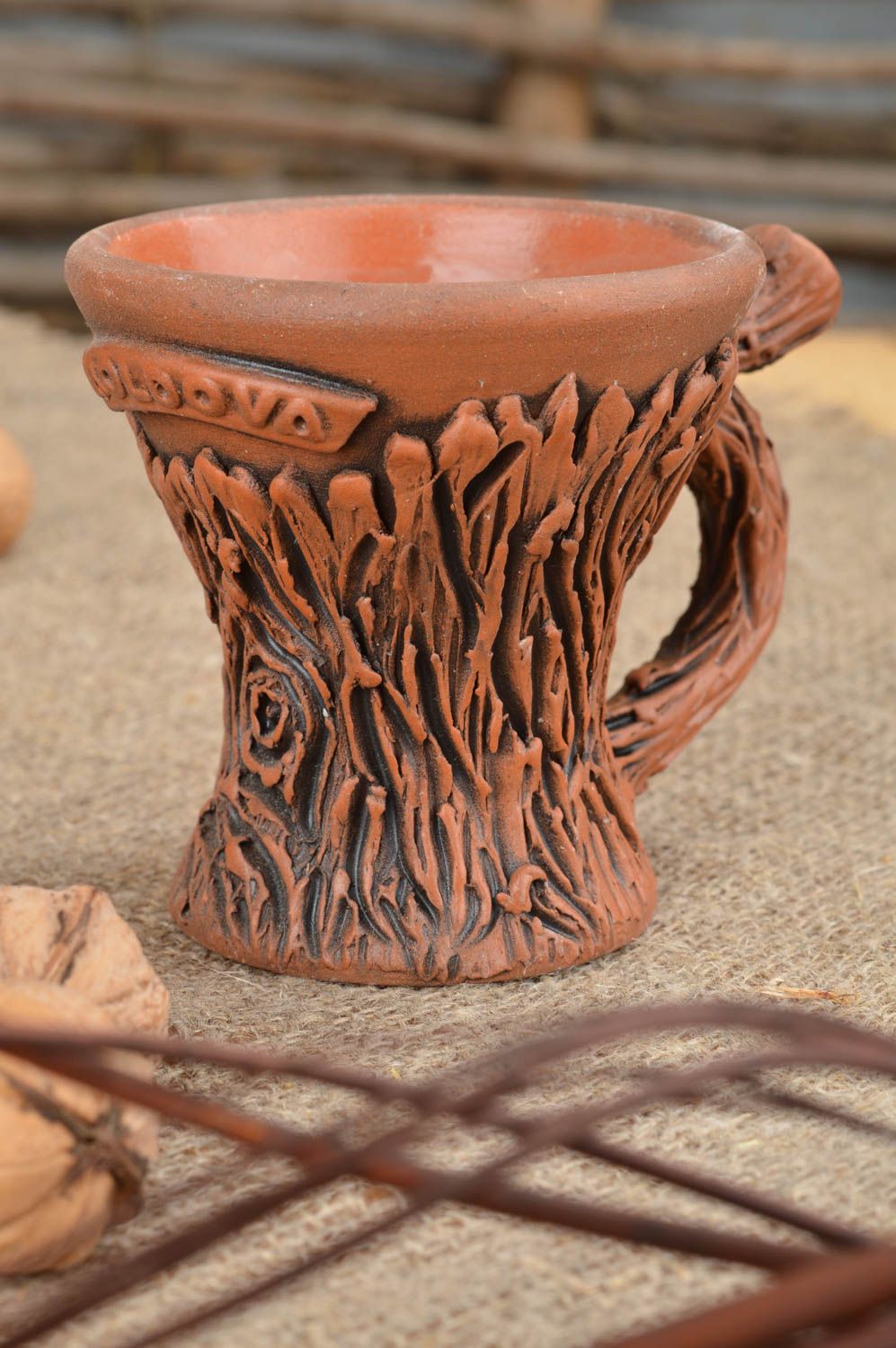 3 oz clay coffee cup glazed inside with wood fake pattern and handle photo 1