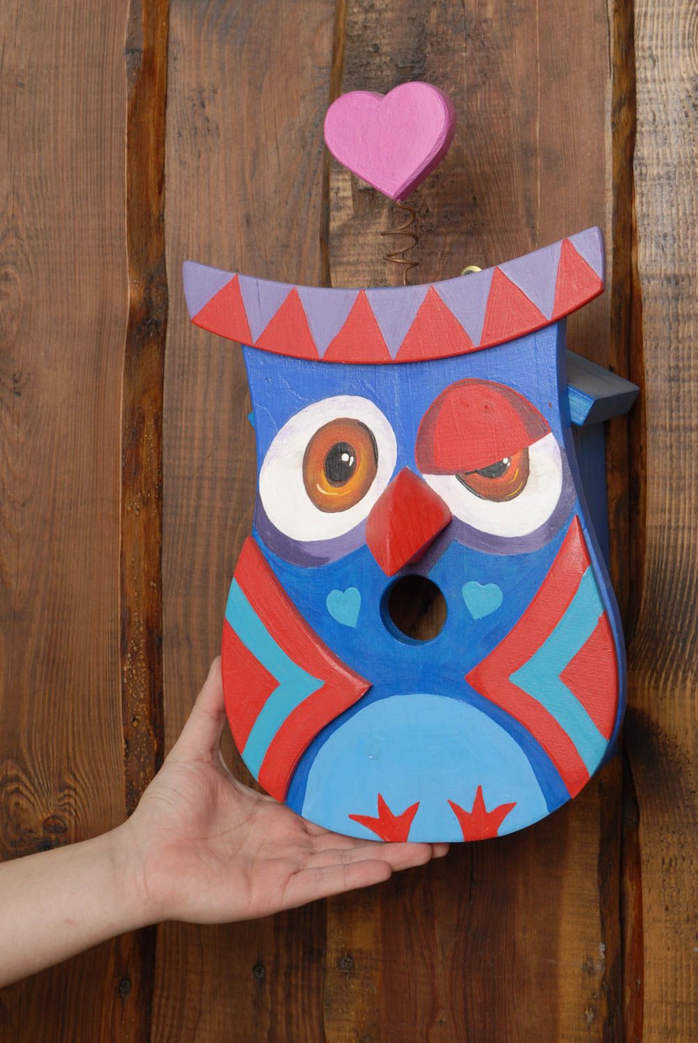 Painted wooden birdhouse in the shape of owl photo 2