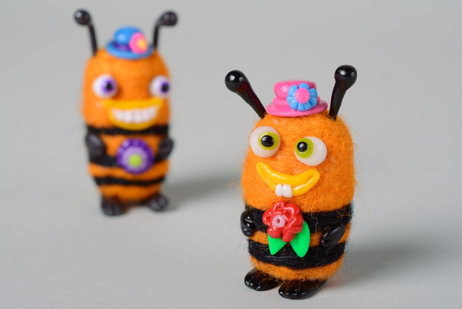 Miniature felted wool toy made with polymer clay elements funny cute Bee photo 5