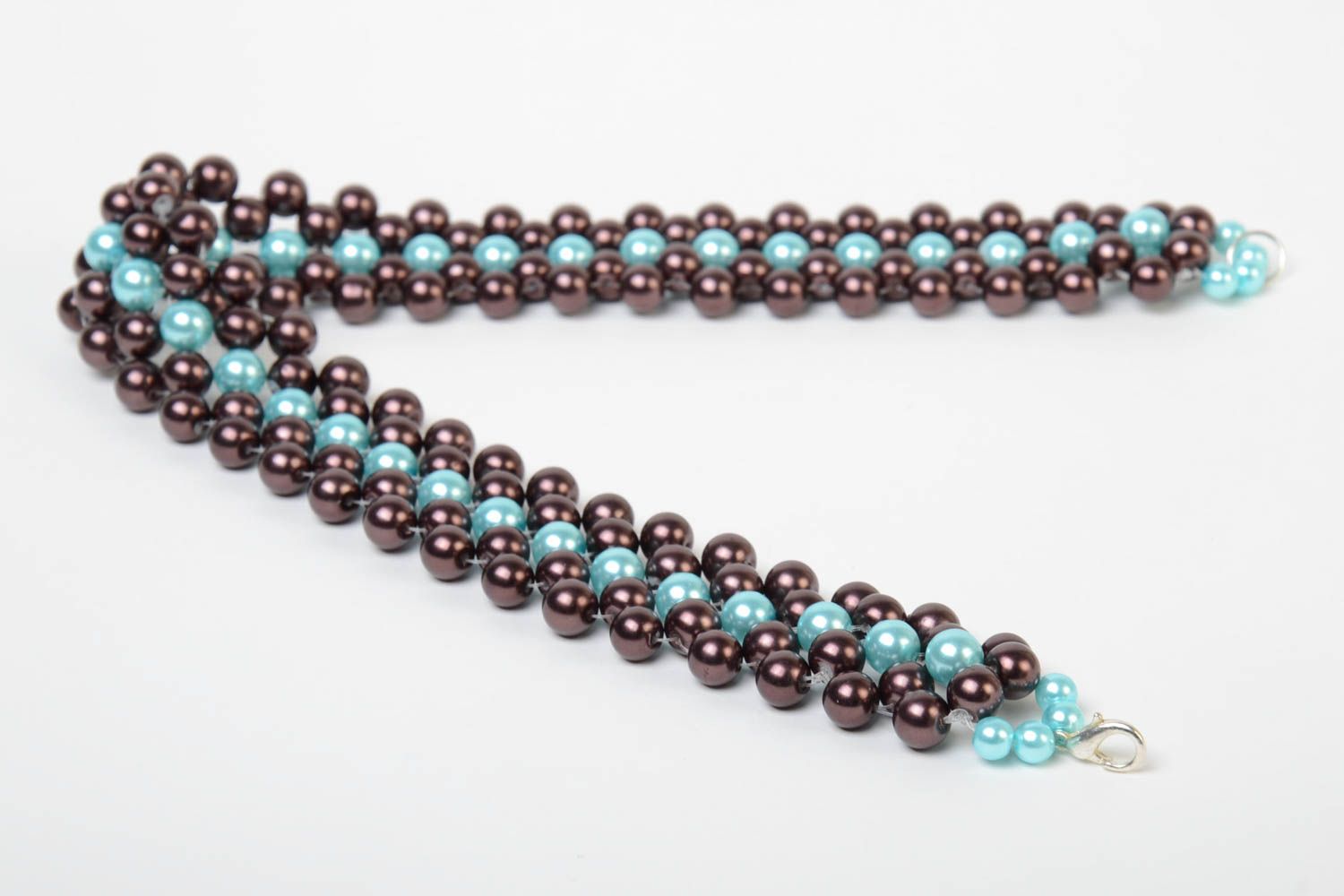 Unusual dark handmade designer necklace woven of plastic beads for girls photo 3